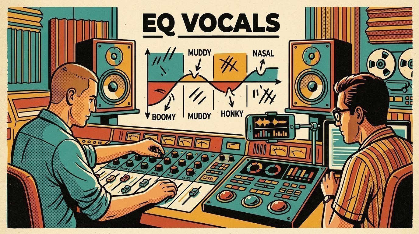 A 1960s mid-century comic book style editorial illustration showing two audio engineers at a mixing desk, with a pair of studio monitors, a phone clamped to a rig, a colour grading panel with trackballs visible in the frame.