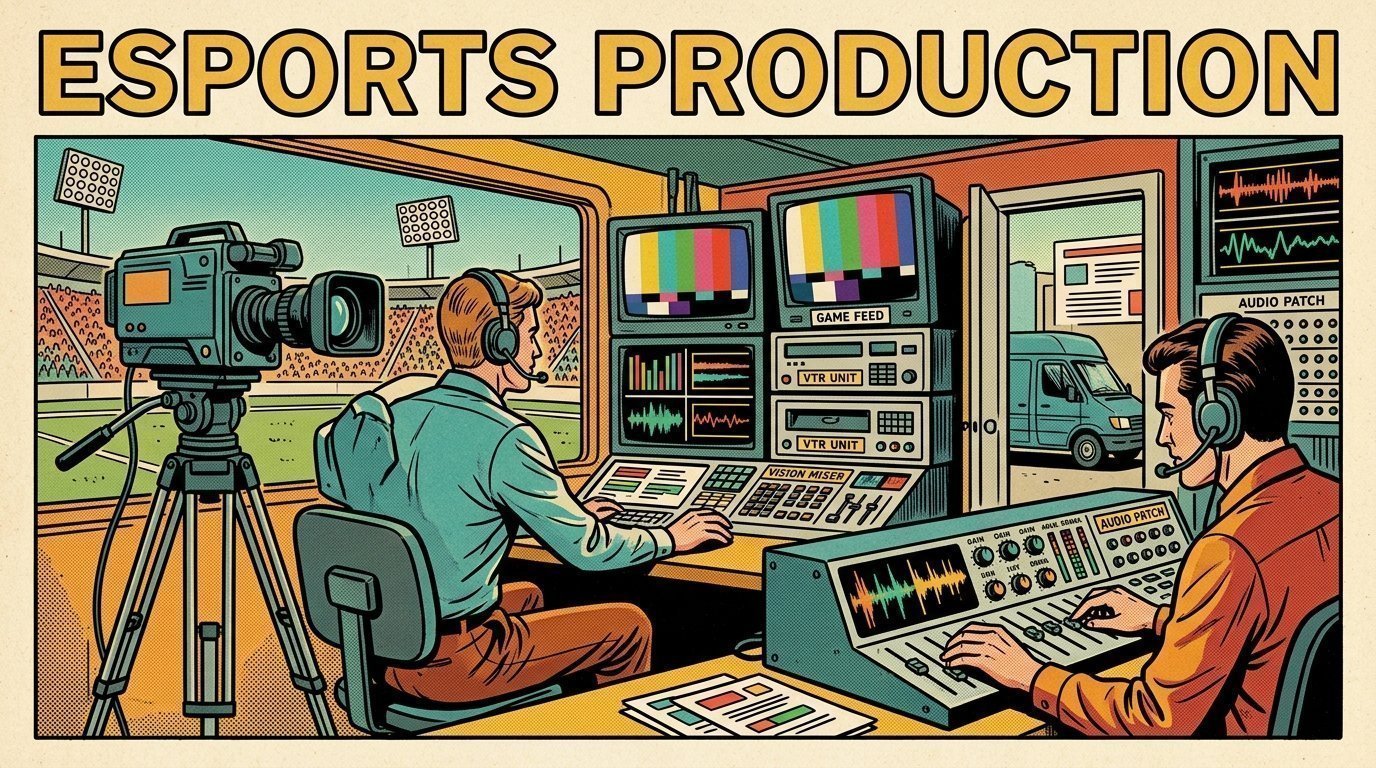 A 1960s mid-century comic book style editorial illustration showing an outside broadcast crew in a truck beside a stadium, with a camera on a tripod, an audio interface with gain knobs visible in the frame.
