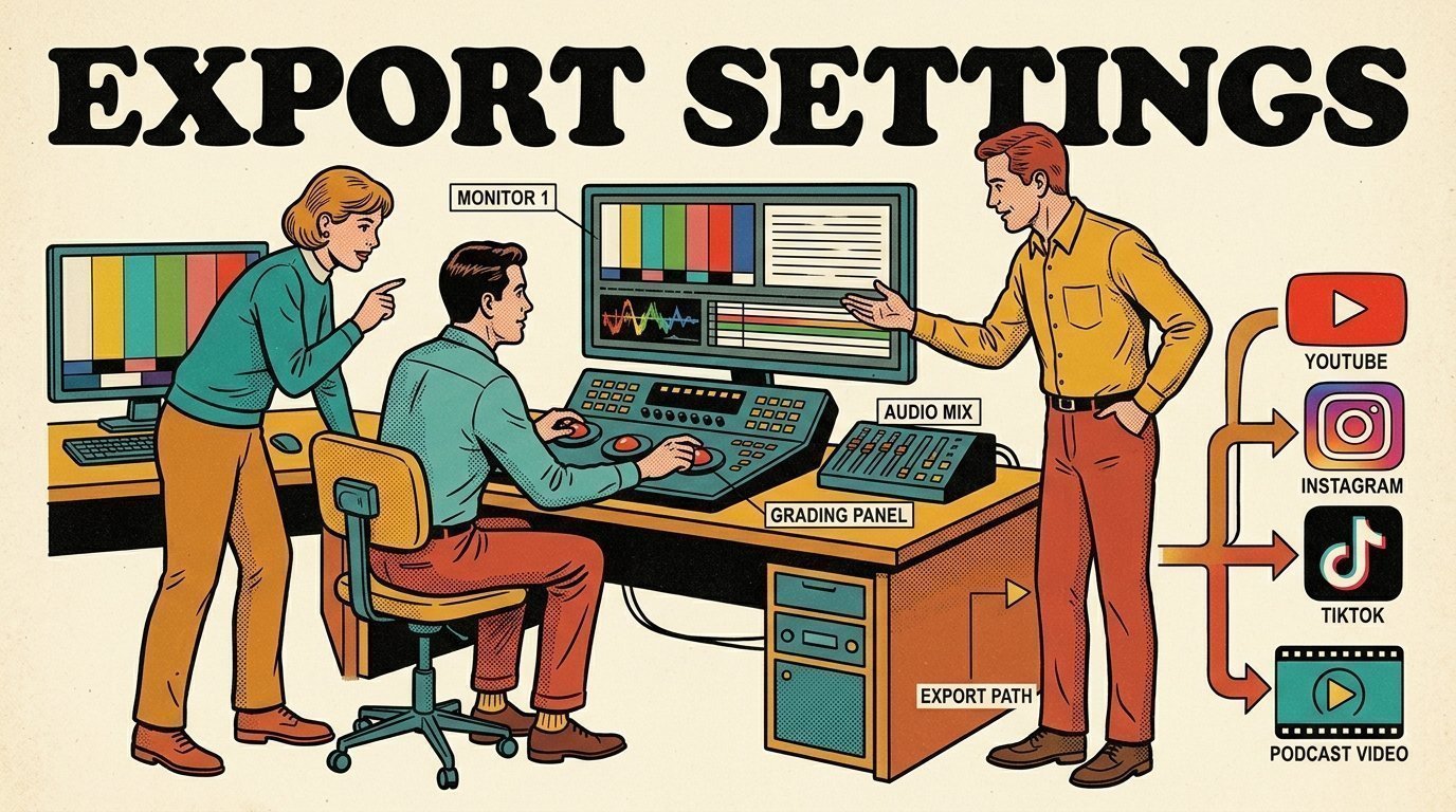A 1960s mid-century comic book style editorial illustration showing a video editor and a director reviewing the cut together, with a colour grading panel with trackballs visible in the frame.
