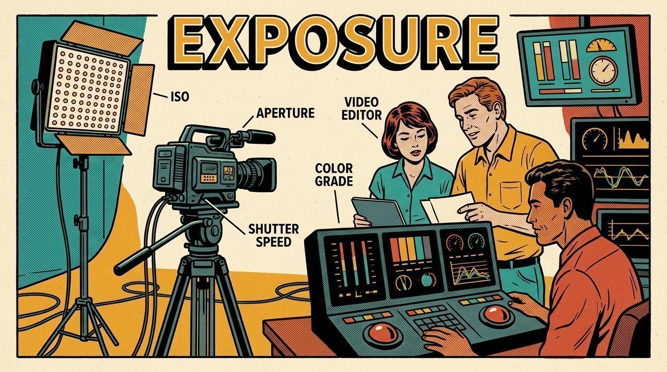 A 1960s mid-century comic book style editorial illustration showing a video editor and a director reviewing the cut together, with an LED panel light on a stand, a camera on a tripod, a colour grading panel with trackballs visible in the frame.