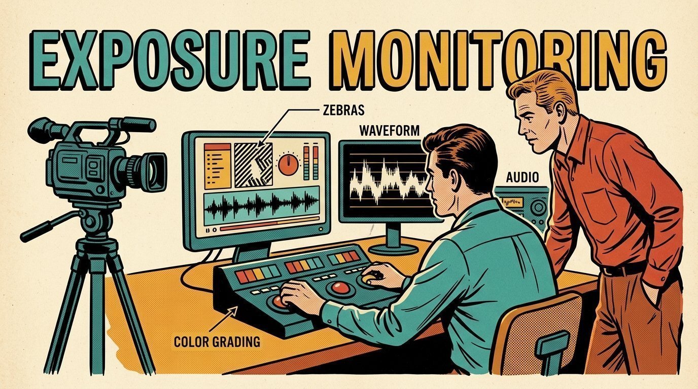 A 1960s mid-century comic book style editorial illustration showing a video editor and a director reviewing the cut together, with an audio waveform display, a colour grading panel with trackballs, a camera on a tripod visible in the frame.