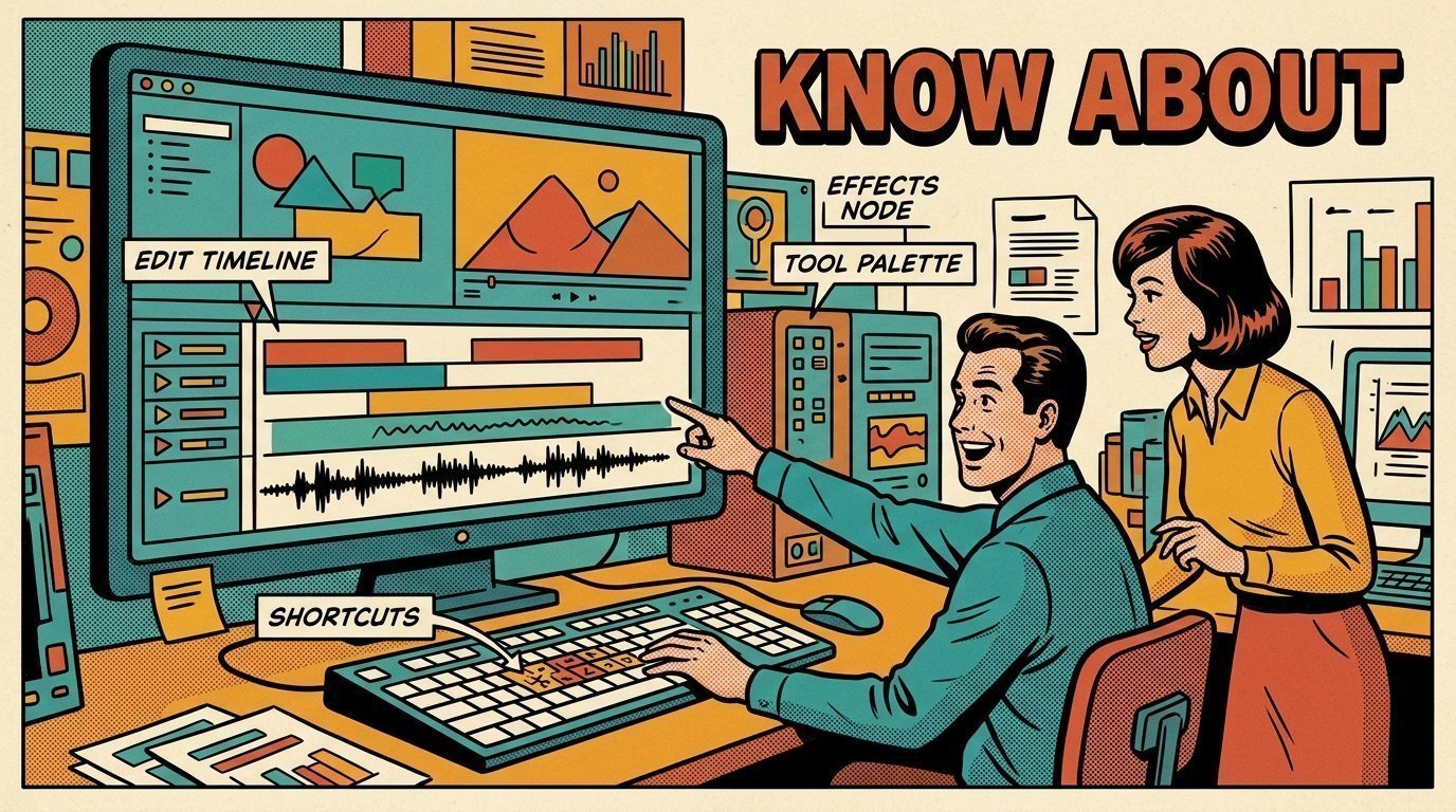 A 1960s mid-century comic book style editorial illustration showing an editor discovering a tool with a colleague looking on, with an edit timeline on a large screen, a keyboard with a shortcut overlay visible in the frame.