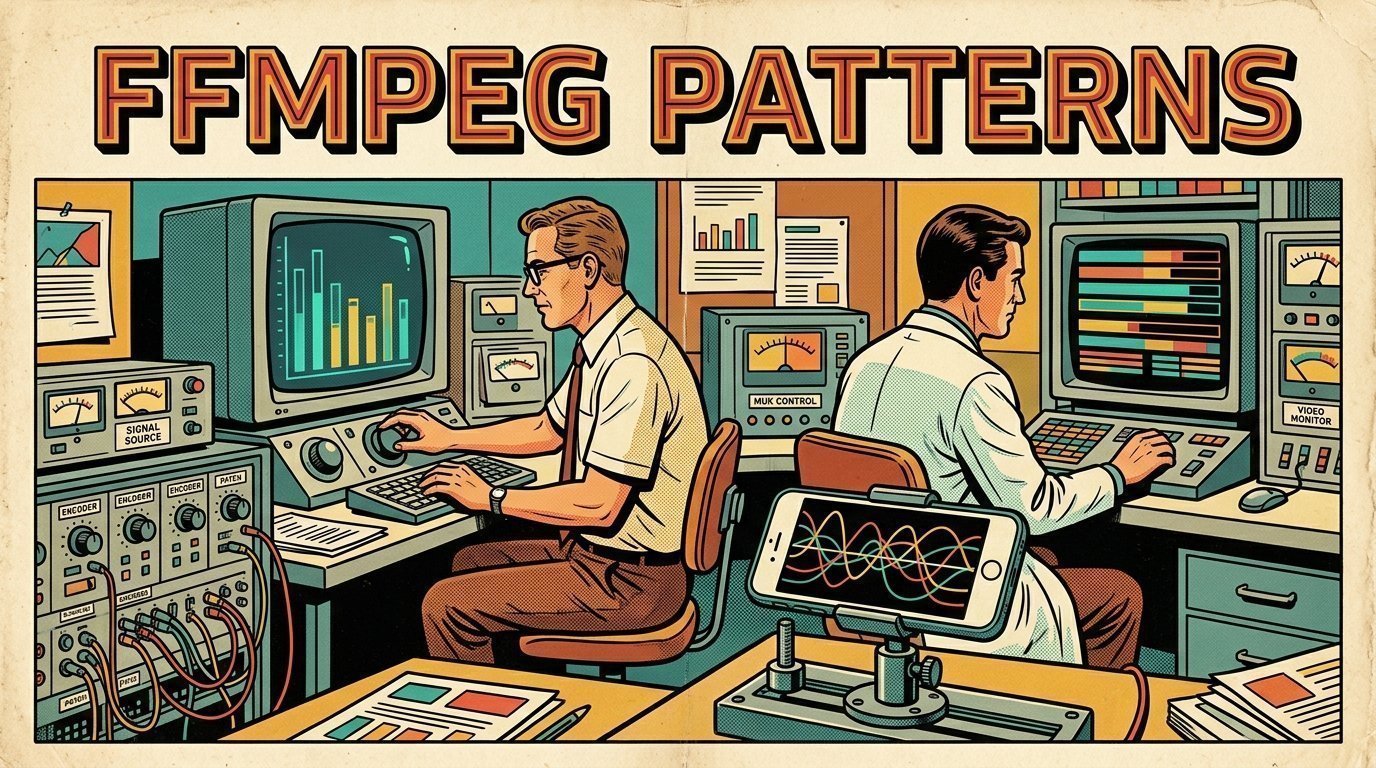 A 1960s mid-century comic book style editorial illustration showing two engineers at terminals in a machine room, with a phone clamped to a rig, a bank of encoders visible in the frame.