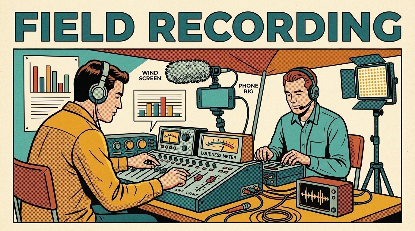 A 1960s mid-century comic book style editorial illustration showing two audio engineers at a mixing desk, with a phone clamped to a rig, a loudness meter, an LED panel light on a stand visible in the frame.