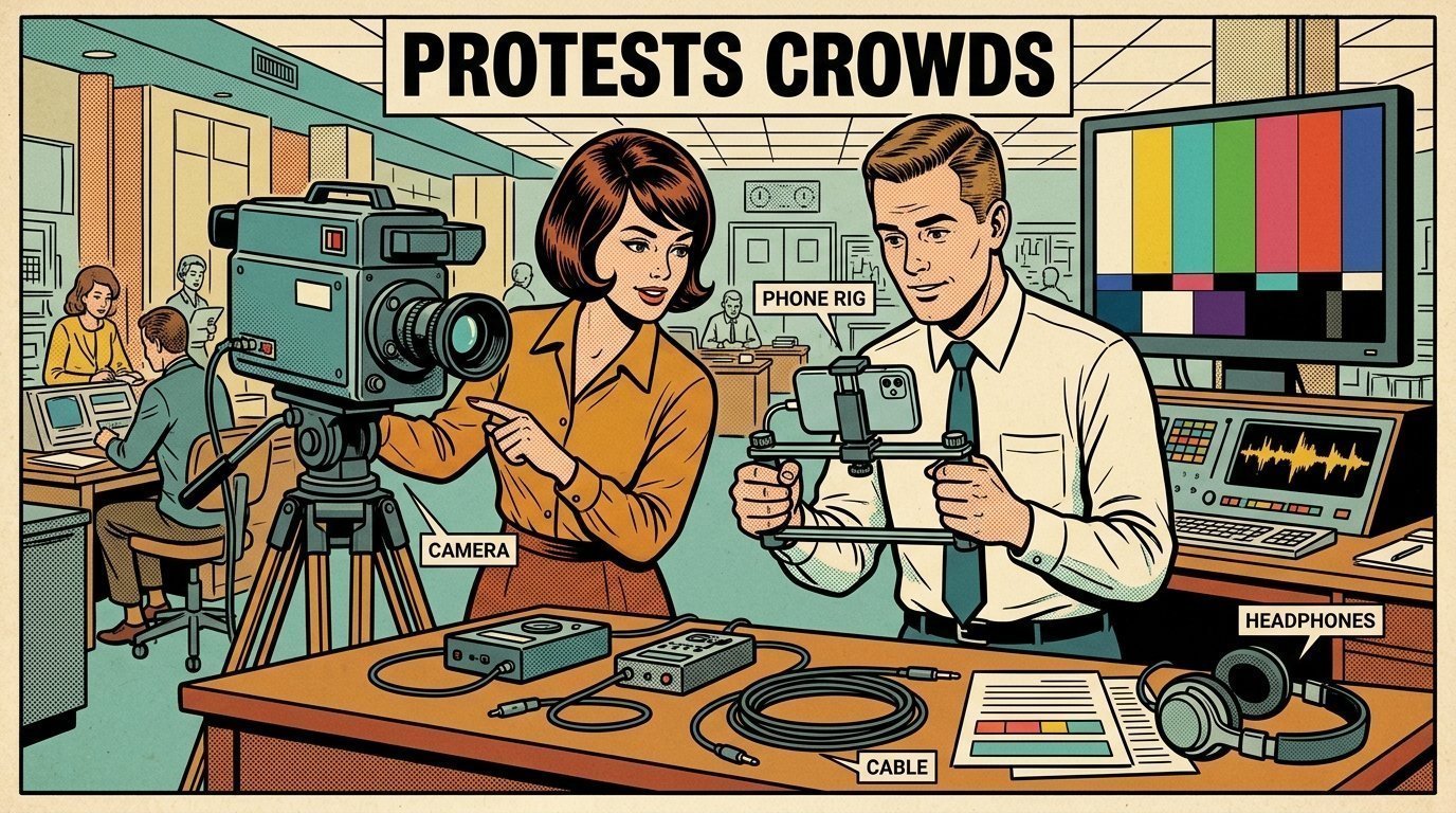 A 1960s mid-century comic book style editorial illustration showing a broadcast journalist and a producer in a newsroom, with a phone clamped to a rig, a camera on a tripod visible in the frame.