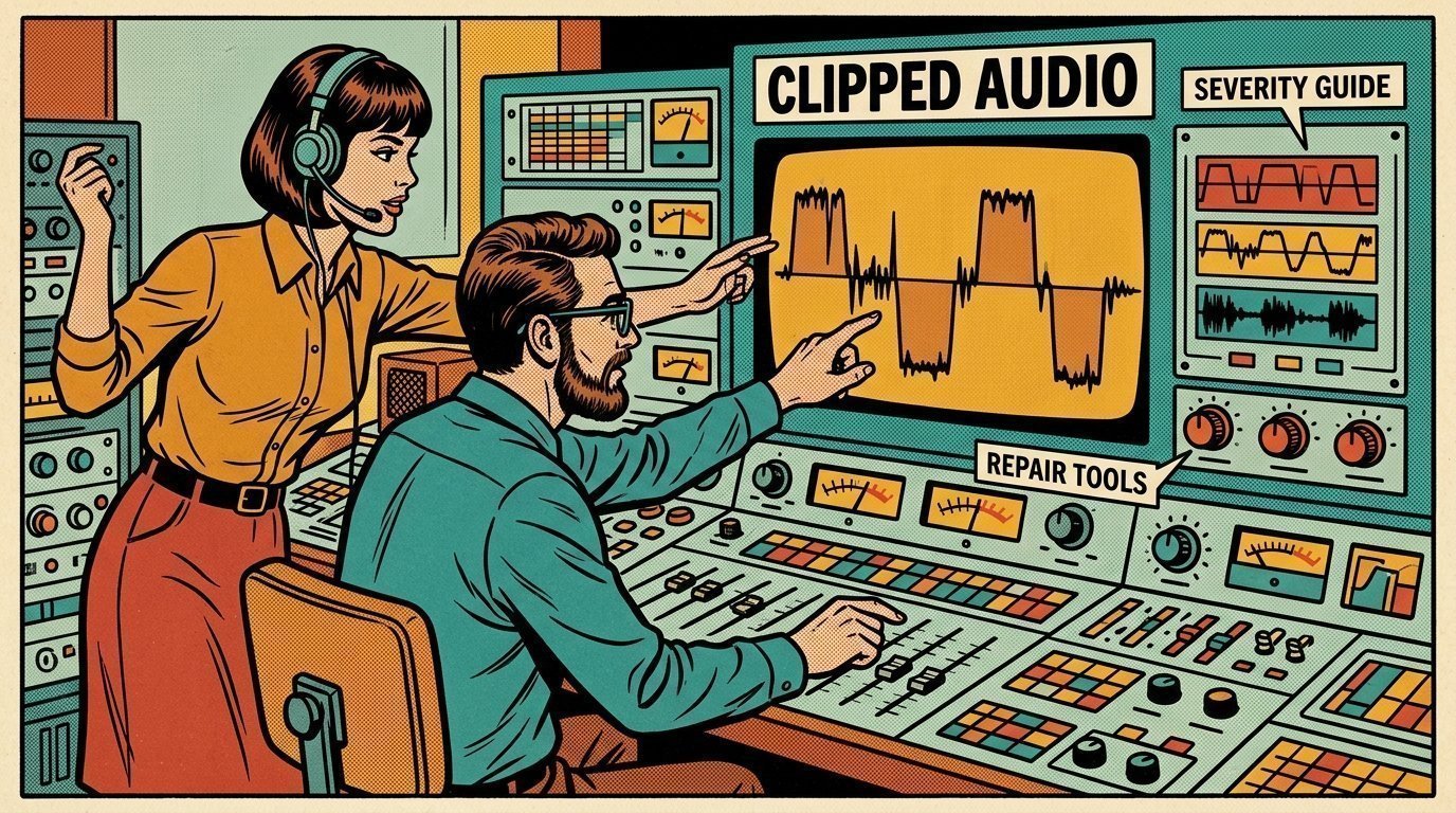 A 1960s mid-century comic book style editorial illustration showing two audio engineers at a mixing desk, with an audio waveform display visible in the frame.
