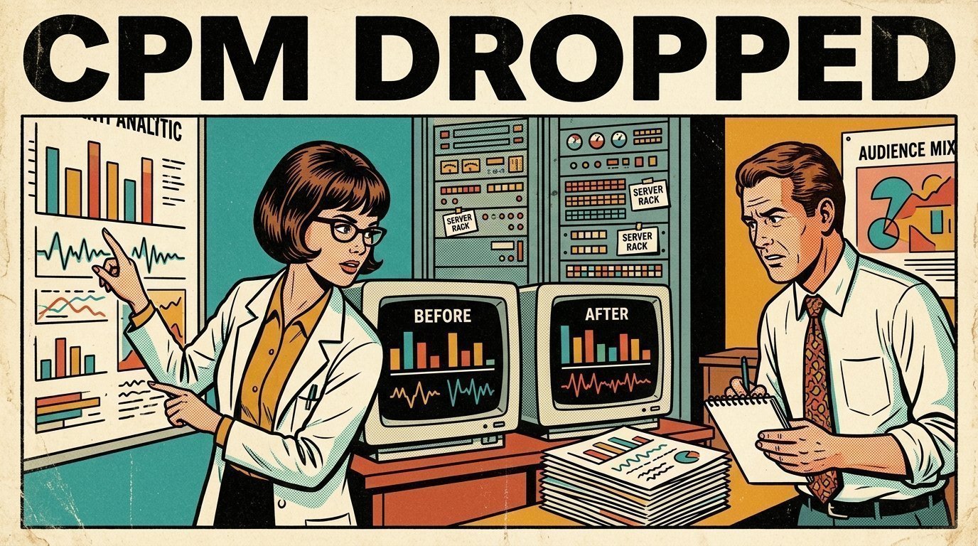 A 1960s mid-century comic book style editorial illustration showing a researcher and an editor comparing machine output against a reference, with two monitors showing a before and after comparison, a rack of servers visible in the frame.