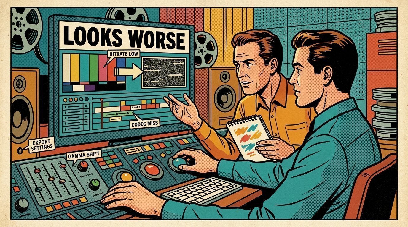 A 1960s mid-century comic book style editorial illustration showing a video editor and a director reviewing the cut together, with a colour grading panel with trackballs, an edit timeline on a large screen visible in the frame.