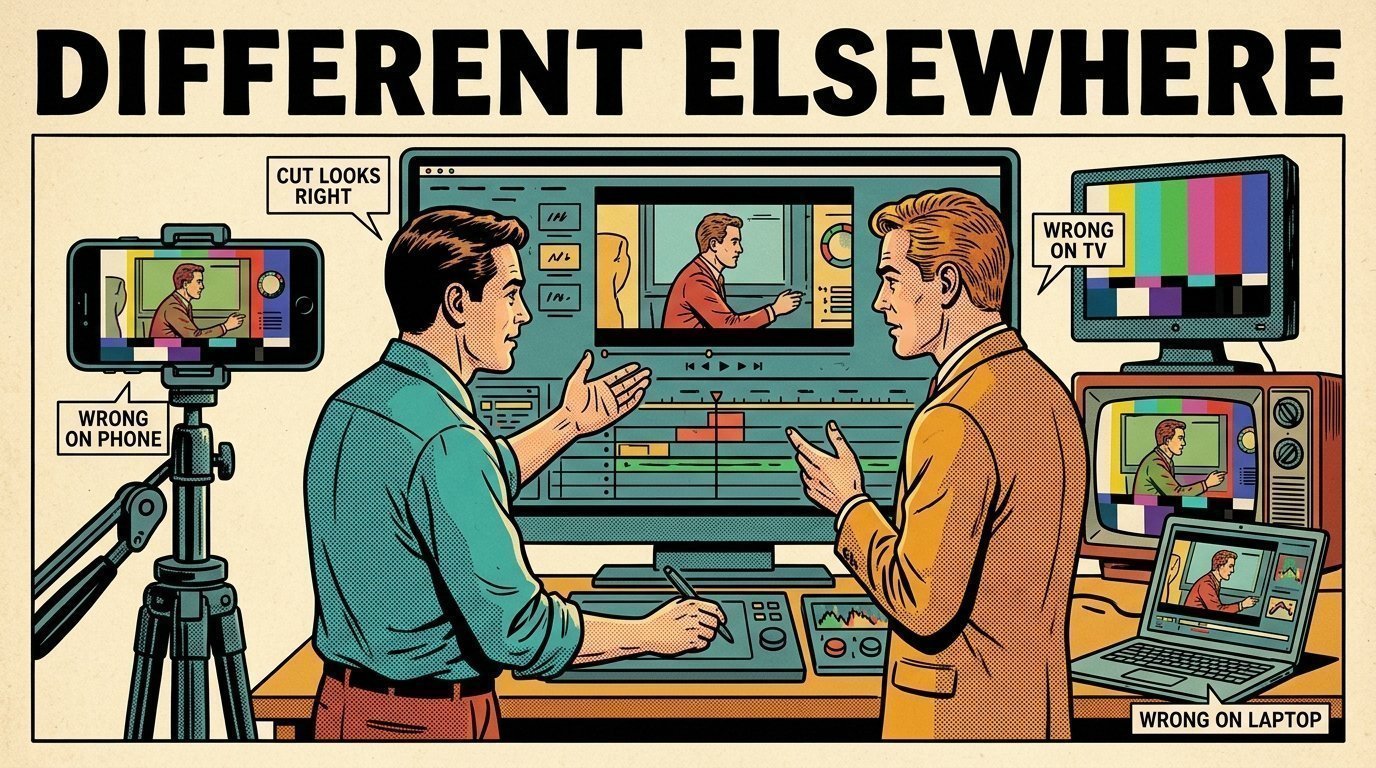 A 1960s mid-century comic book style editorial illustration showing a video editor and a director reviewing the cut together, with a phone clamped to a rig, a calibrated monitor, an edit timeline on a large screen visible in the frame.