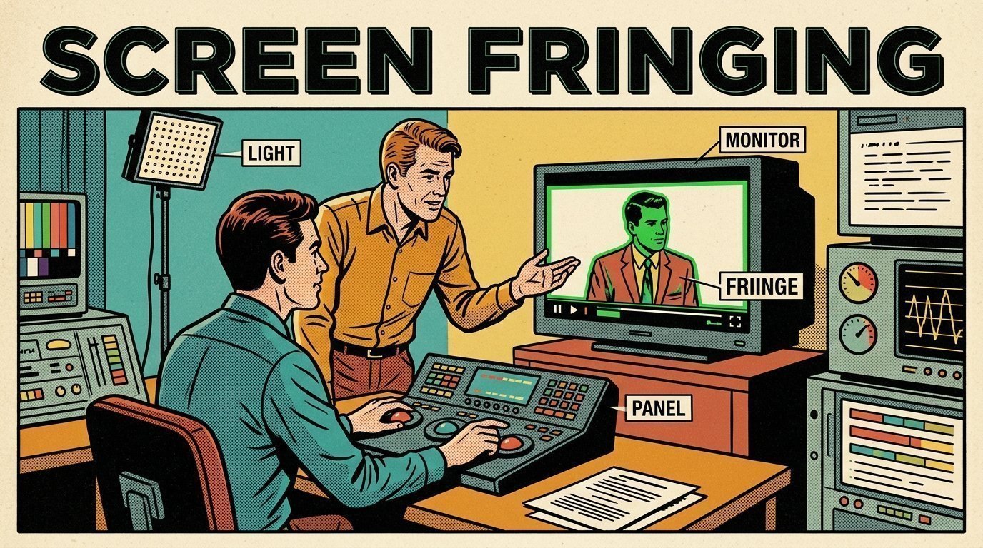 A 1960s mid-century comic book style editorial illustration showing a video editor and a director reviewing the cut together, with an LED panel light on a stand, a colour grading panel with trackballs visible in the frame.