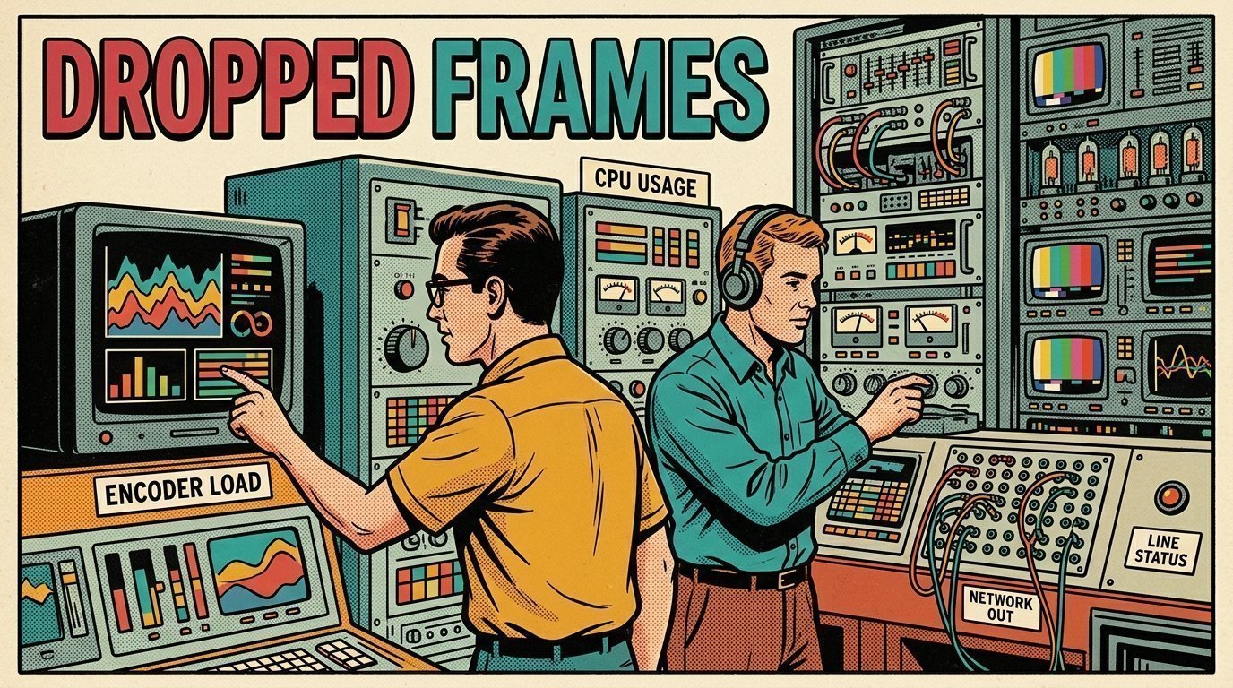 A 1960s mid-century comic book style editorial illustration showing a streaming operator watching a wall of encoders, with a bank of encoders visible in the frame.