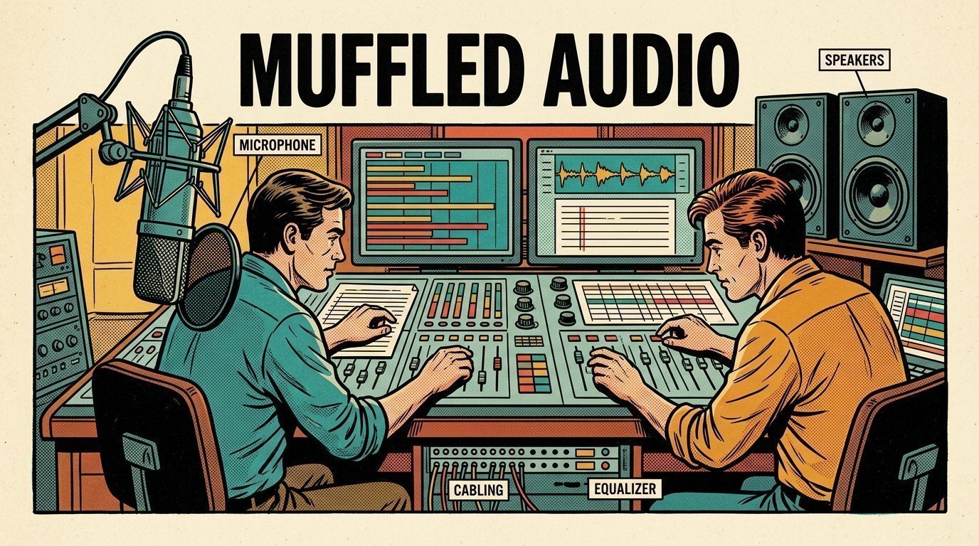 A 1960s mid-century comic book style editorial illustration showing two audio engineers at a mixing desk, with a studio microphone on a boom arm, a pair of studio monitors visible in the frame.