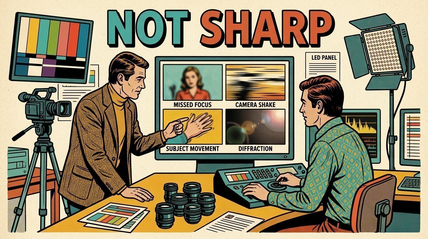 A 1960s mid-century comic book style editorial illustration showing a video editor and a director reviewing the cut together, with a camera on a tripod, a set of prime lenses, an LED panel light on a stand visible in the frame.