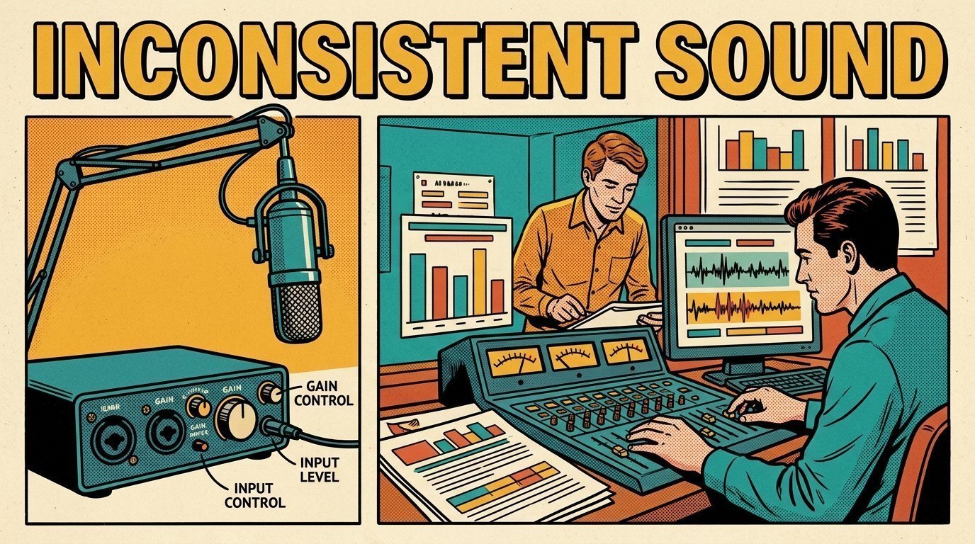 A 1960s mid-century comic book style editorial illustration showing two audio engineers at a mixing desk, with a studio microphone on a boom arm, an audio interface with gain knobs visible in the frame.