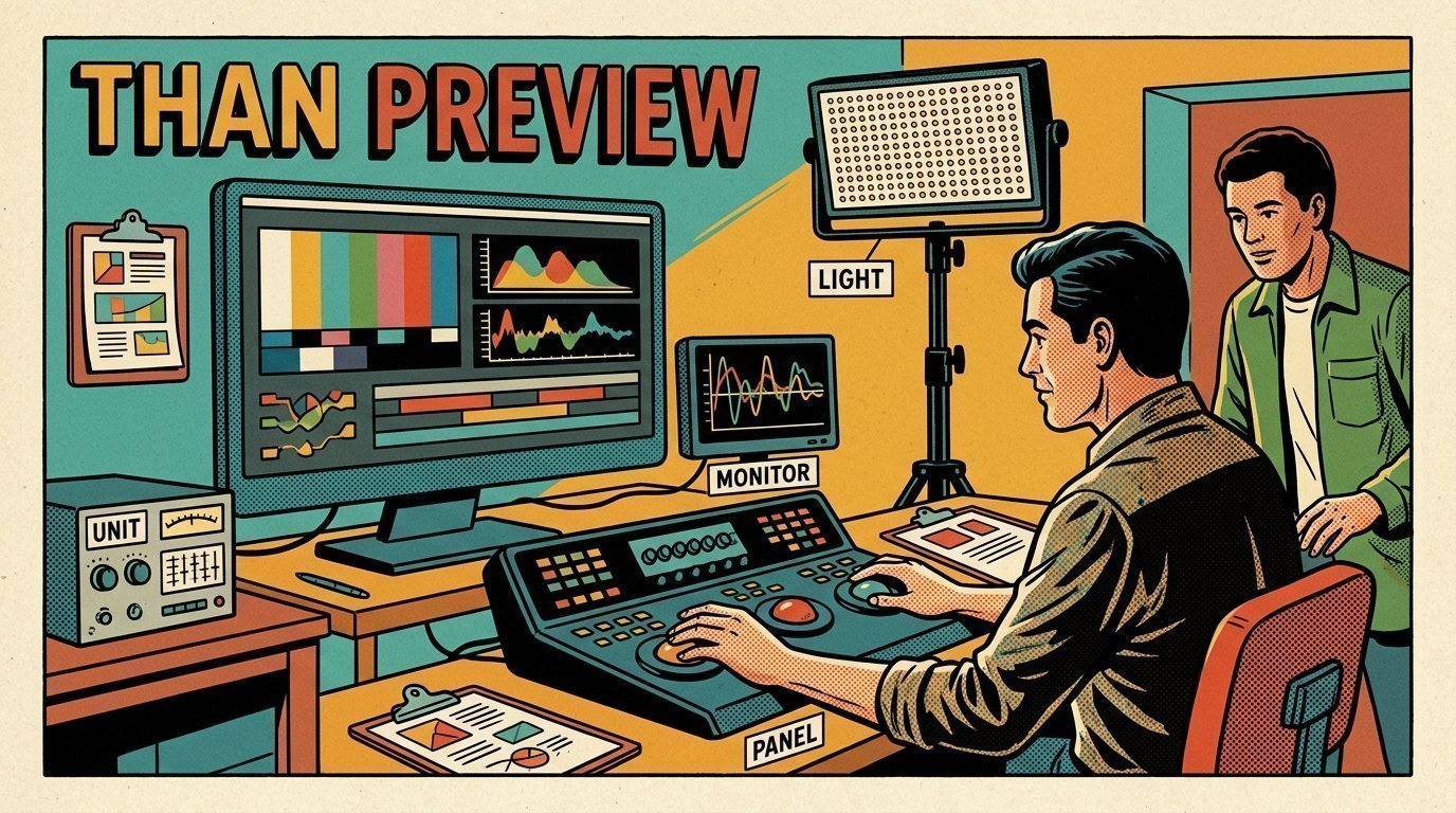 A 1960s mid-century comic book style editorial illustration showing a motion designer working at a large monitor, with an LED panel light on a stand, a calibrated monitor, a colour grading panel with trackballs visible in the frame.