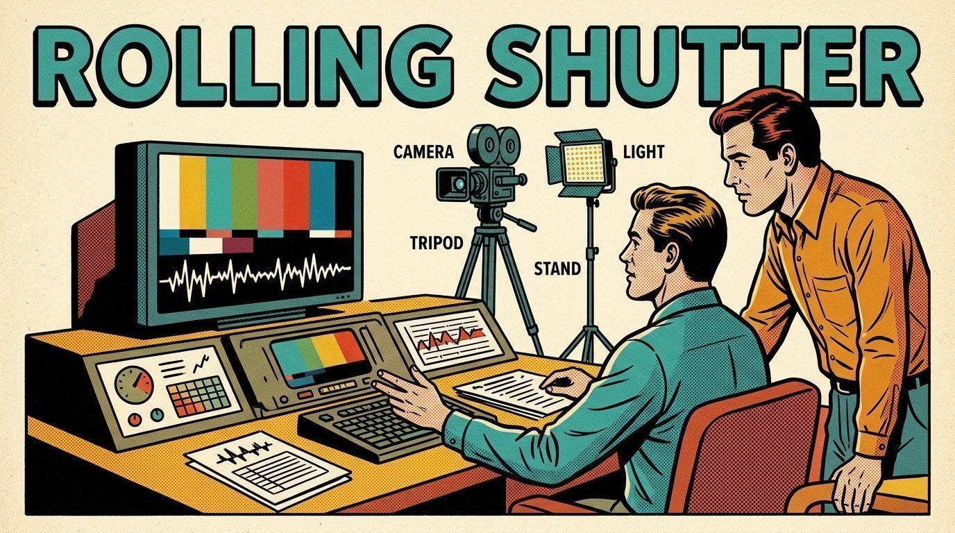 A 1960s mid-century comic book style editorial illustration showing a video editor and a director reviewing the cut together, with a camera on a tripod, an LED panel light on a stand visible in the frame.