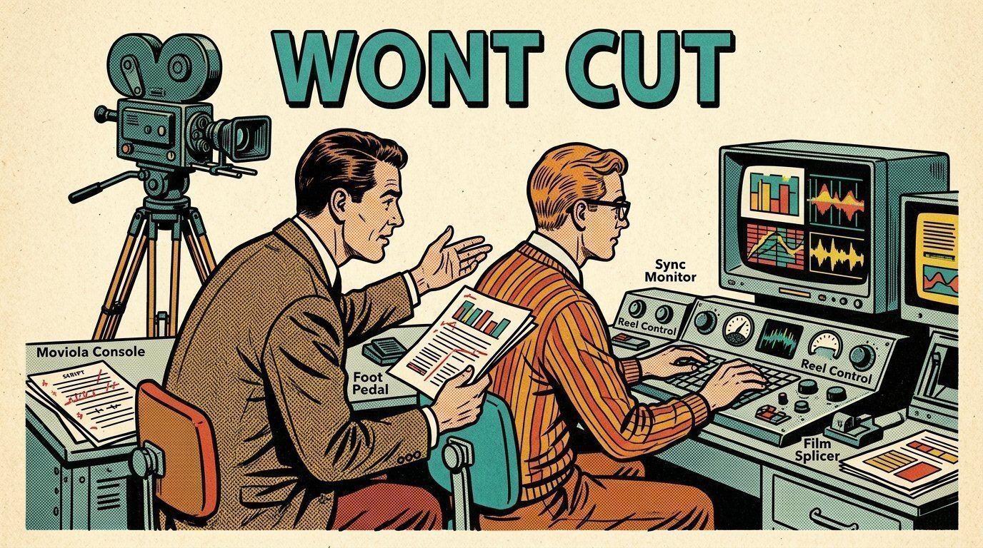 A 1960s mid-century comic book style editorial illustration showing a video editor and a director reviewing the cut together, with a camera on a tripod, a marked-up script on the desk visible in the frame.