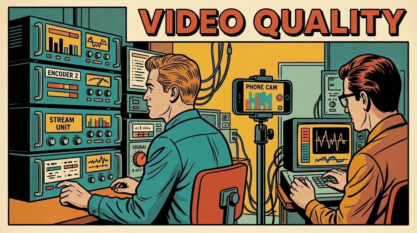 A 1960s mid-century comic book style editorial illustration showing a streaming operator watching a wall of encoders, with a bank of encoders, a phone clamped to a rig, a calibrated monitor visible in the frame.