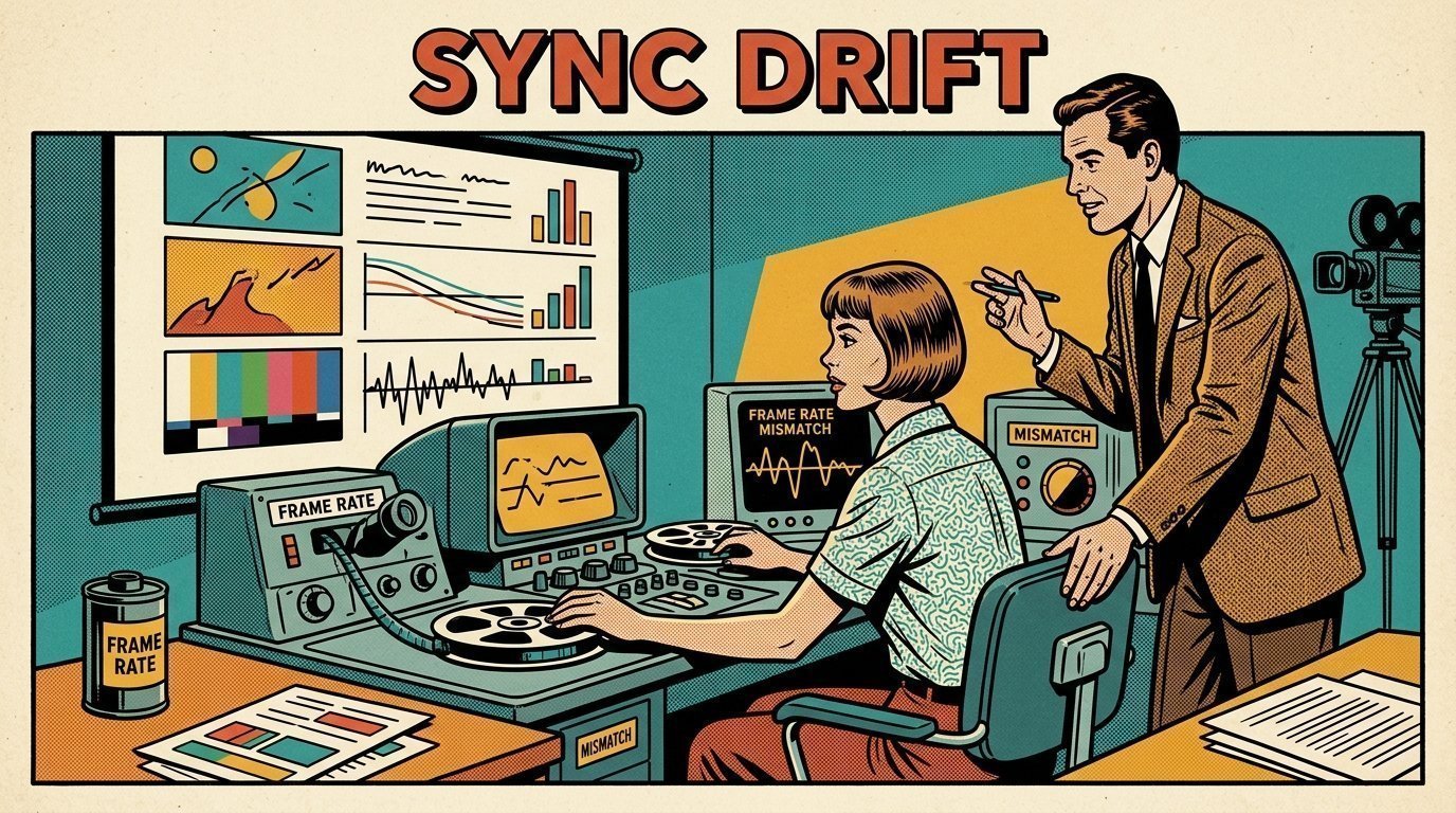 A 1960s mid-century comic book style editorial illustration showing a video editor and a director reviewing the cut together, with a camera on a tripod visible in the frame.