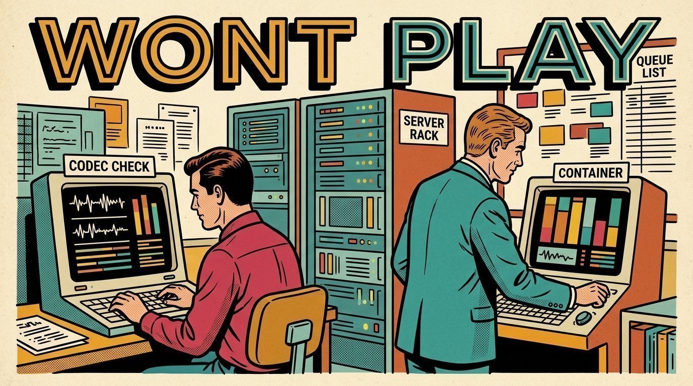 A 1960s mid-century comic book style editorial illustration showing two engineers at terminals in a machine room, with code on a terminal screen, a rack of servers, a job queue board visible in the frame.