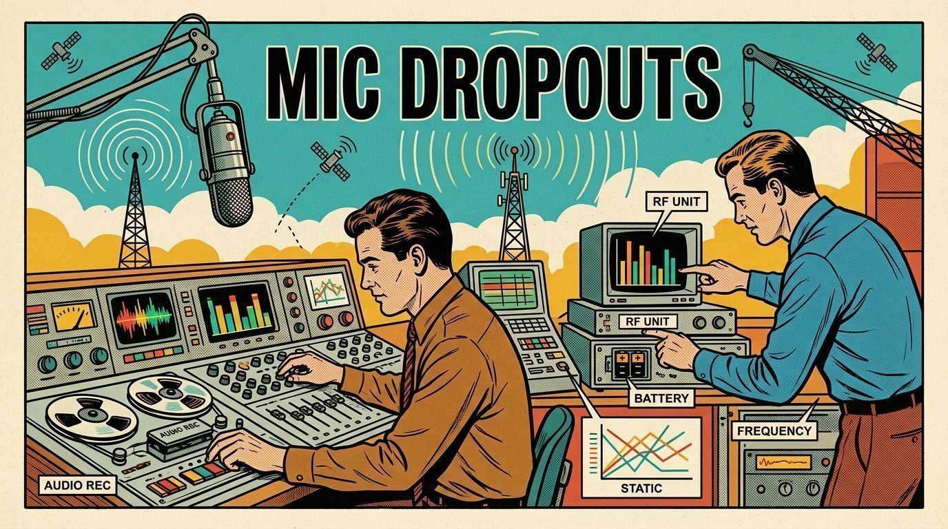 A 1960s mid-century comic book style editorial illustration showing two audio engineers at a mixing desk, with a studio microphone on a boom arm, a transmitting antenna against the sky visible in the frame.