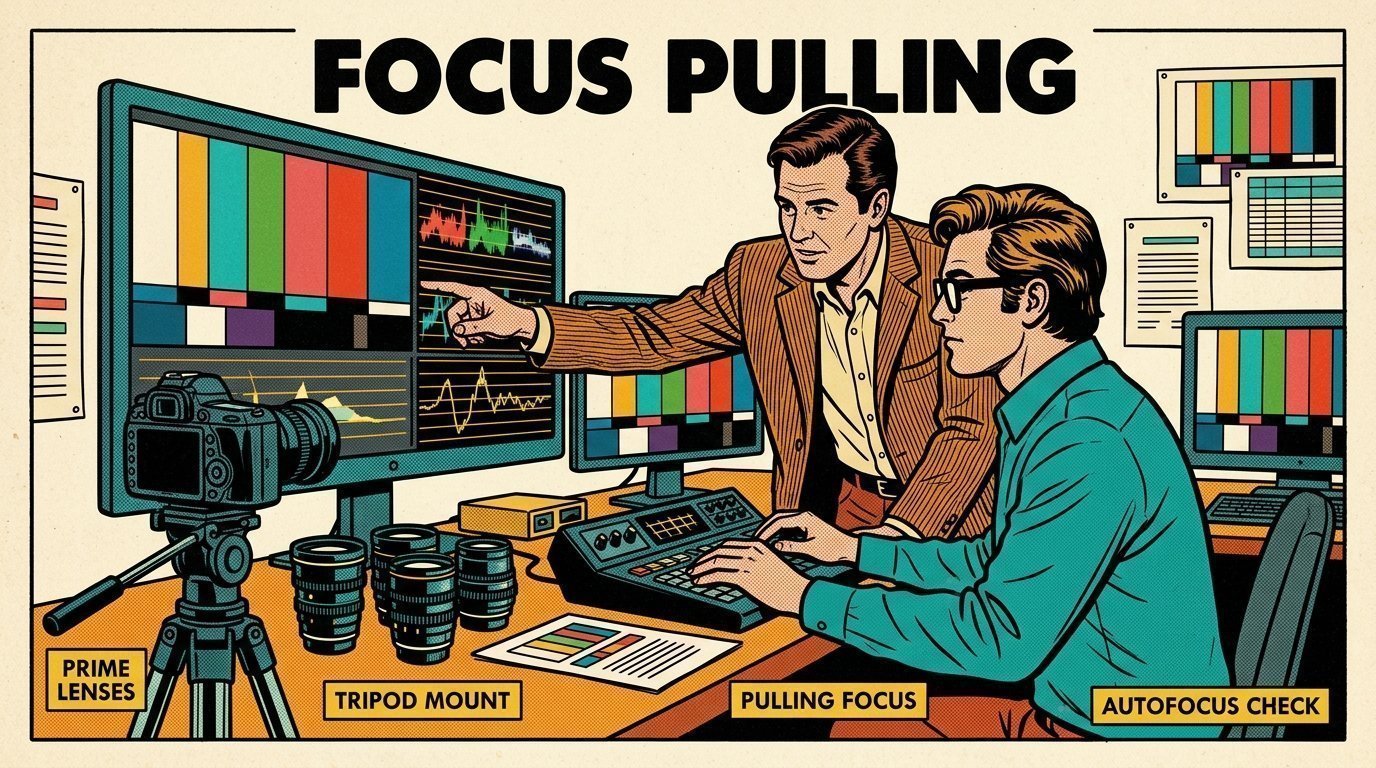 A 1960s mid-century comic book style editorial illustration showing a video editor and a director reviewing the cut together, with a set of prime lenses, a camera on a tripod visible in the frame.