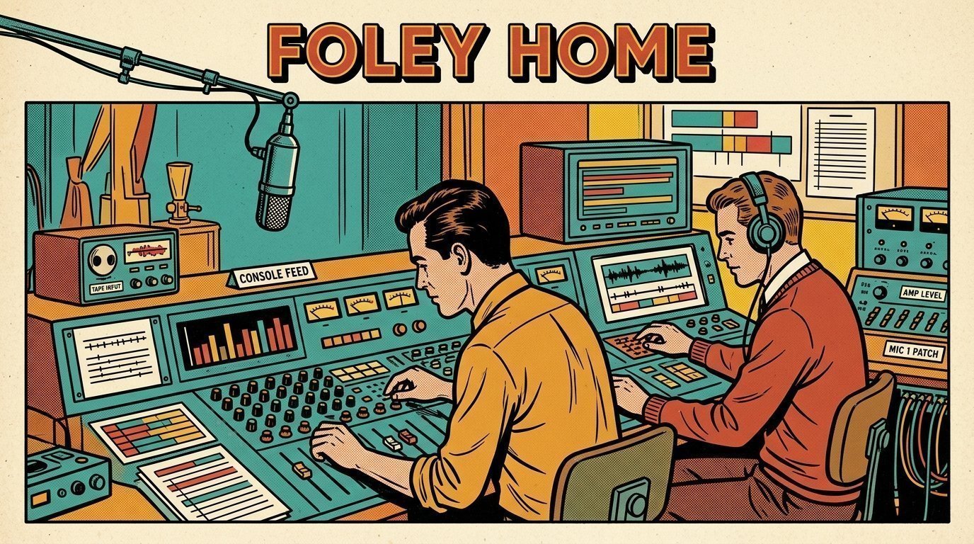 A 1960s mid-century comic book style editorial illustration showing two audio engineers at a mixing desk, with a studio microphone on a boom arm visible in the frame.