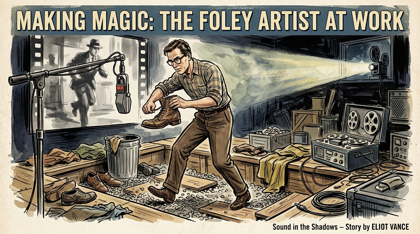 A 1960s mid-century editorial illustration depicting a Foley artist performing footstep sound effects with leather boots in a gravel surface pit on a soundstage.