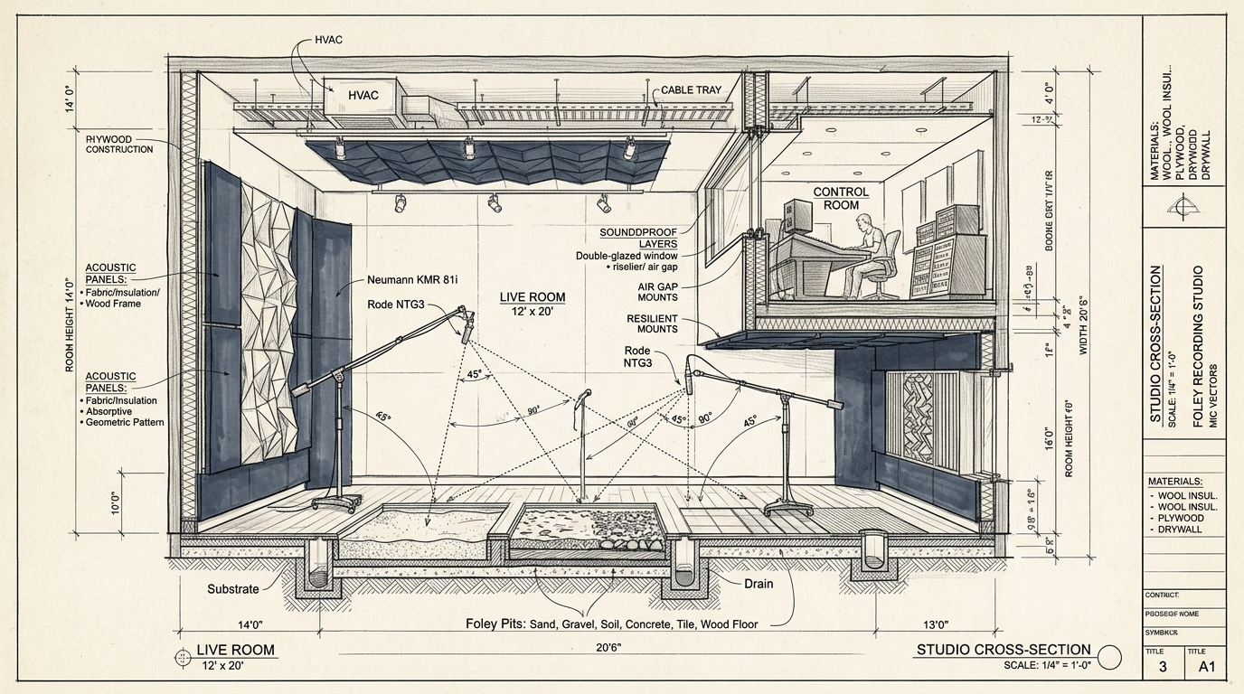 A detailed technical architectural illustration showing Foley studio live room cross-sections, recessed surface pits for gravel and sand, acoustic baffle isolation, and 45-degree shotgun microphone positioning vectors.