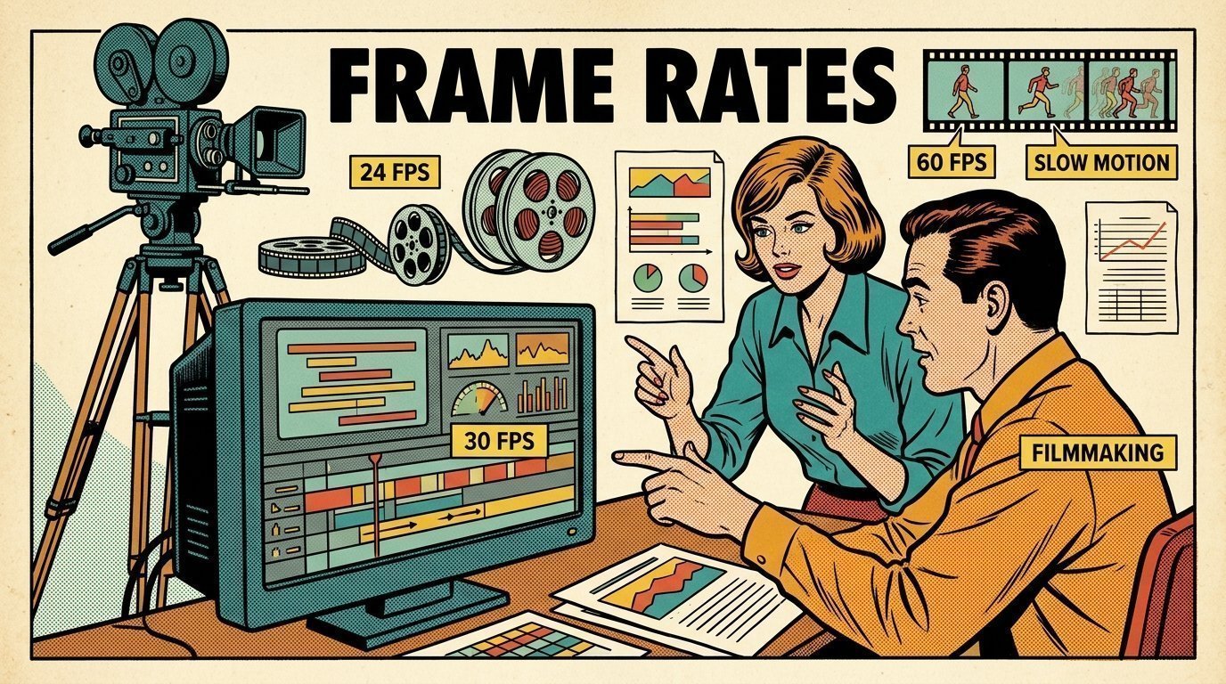 A 1960s mid-century comic book style editorial illustration showing a video editor and a director reviewing the cut together, with a camera on a tripod, an edit timeline on a large screen visible in the frame.