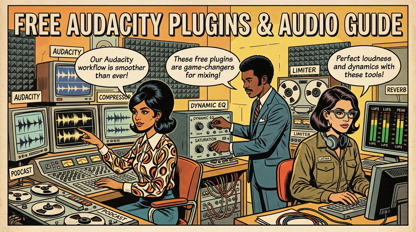 A 1960s mid-century comic book style editorial illustration depicting audio producers operating Audacity waveform displays, dynamic EQ controls, and loudness meters.