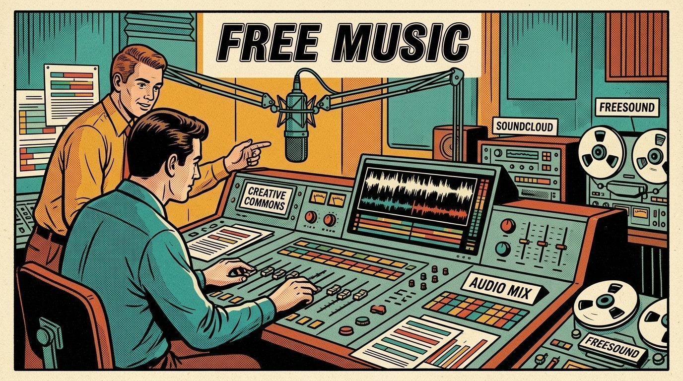 A 1960s mid-century comic book style editorial illustration showing two audio engineers at a mixing desk, with a mixing desk, a studio microphone on a boom arm, an audio waveform display visible in the frame.