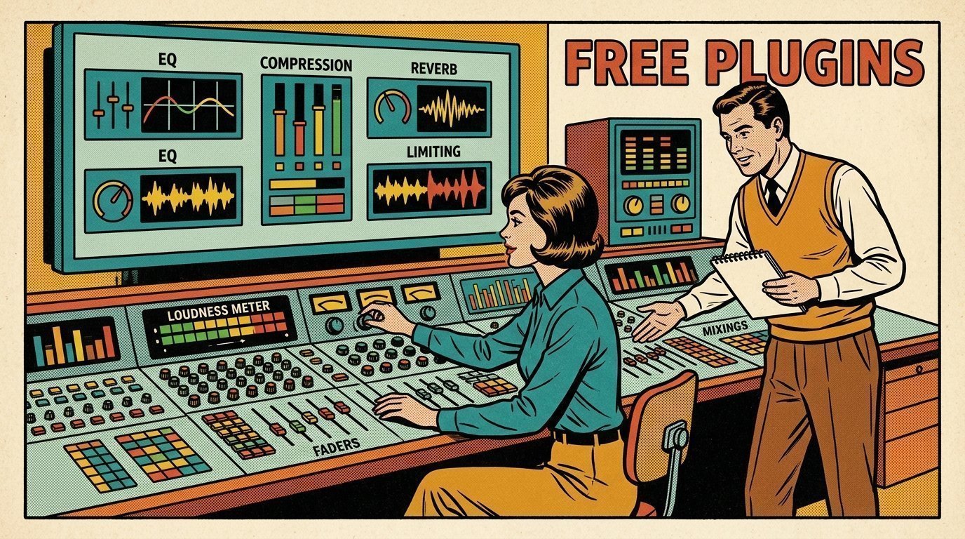 A 1960s mid-century comic book style editorial illustration showing two audio engineers at a mixing desk, with a loudness meter visible in the frame.