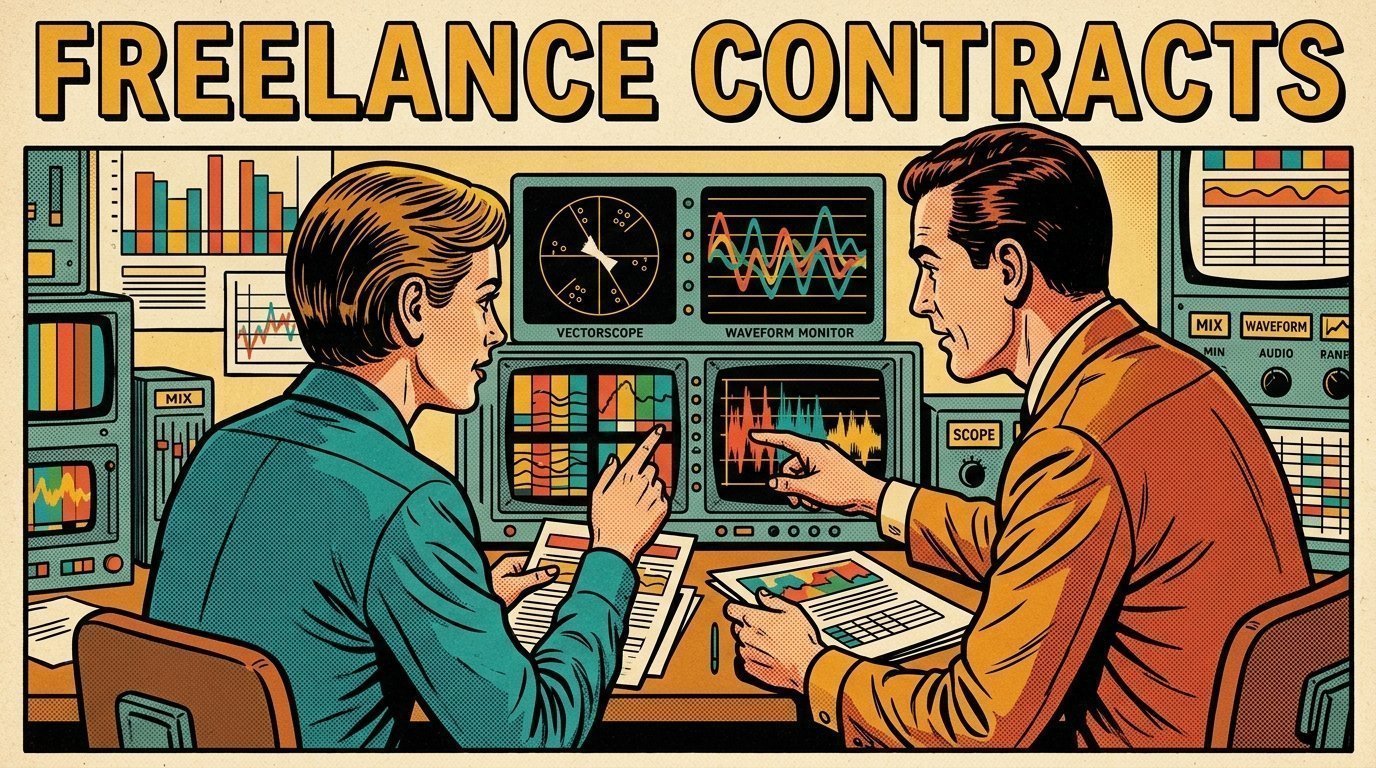 A 1960s mid-century comic book style editorial illustration showing a video editor and a director reviewing the cut together, with a vectorscope and waveform monitor visible in the frame.