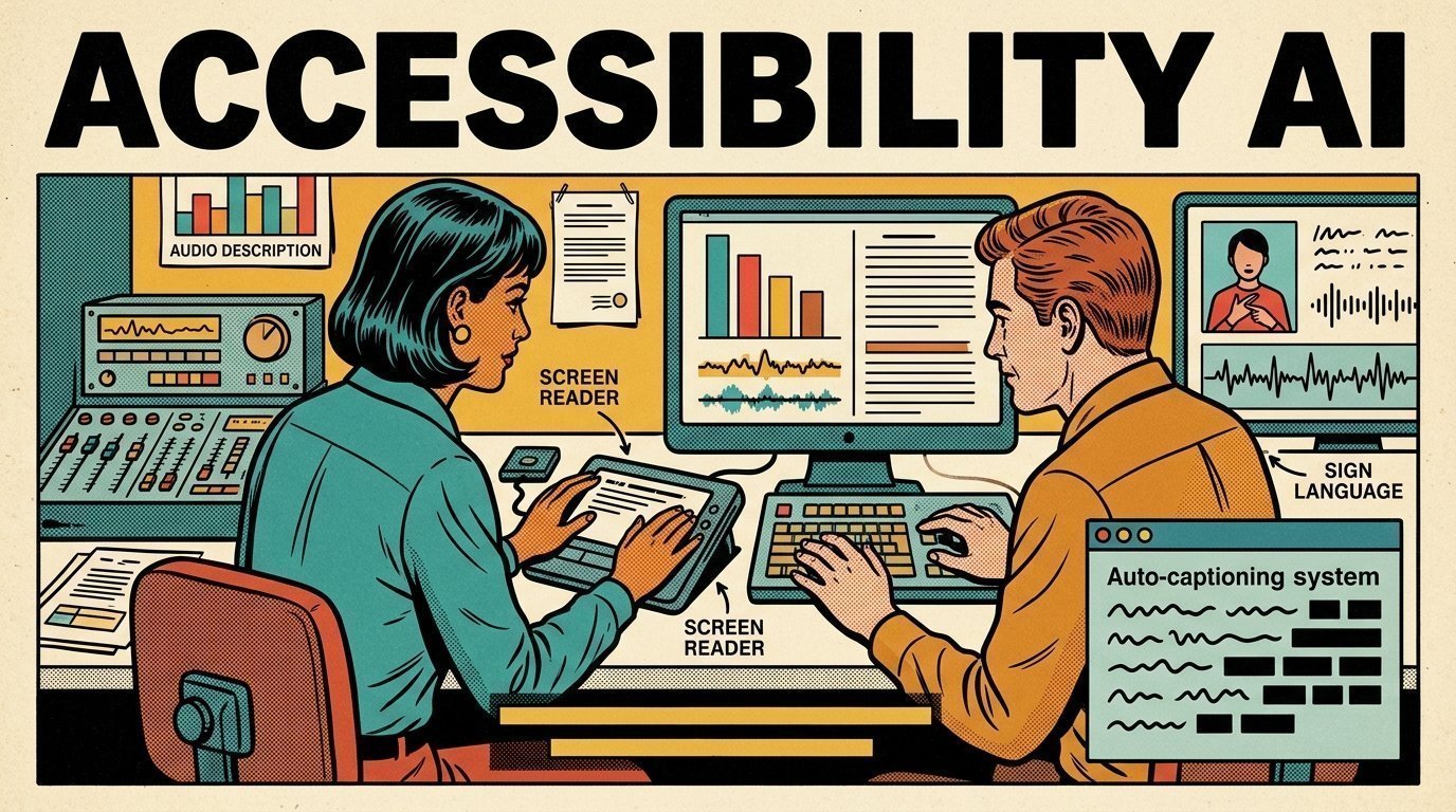 A 1960s mid-century comic book style editorial illustration showing an accessibility specialist and a colleague testing with a screen reader, with caption bars beneath a picture visible in the frame.