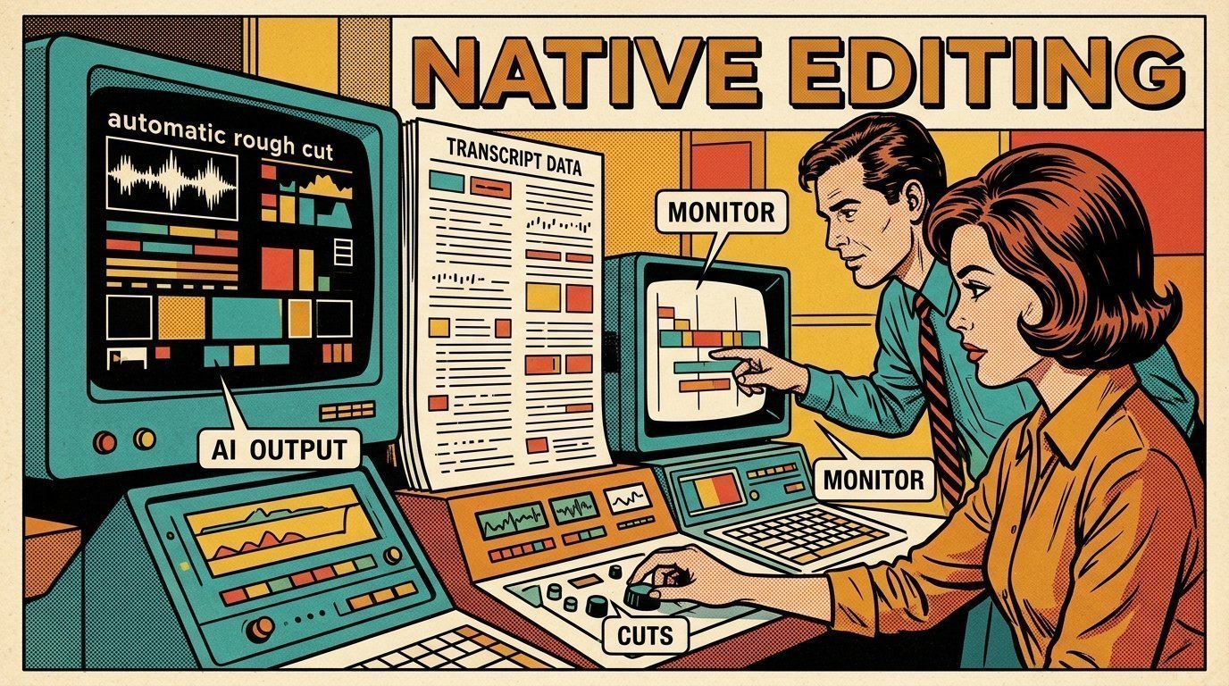 A 1960s mid-century comic book style editorial illustration showing a researcher and an editor comparing machine output against a reference, with a transcript panel visible in the frame.