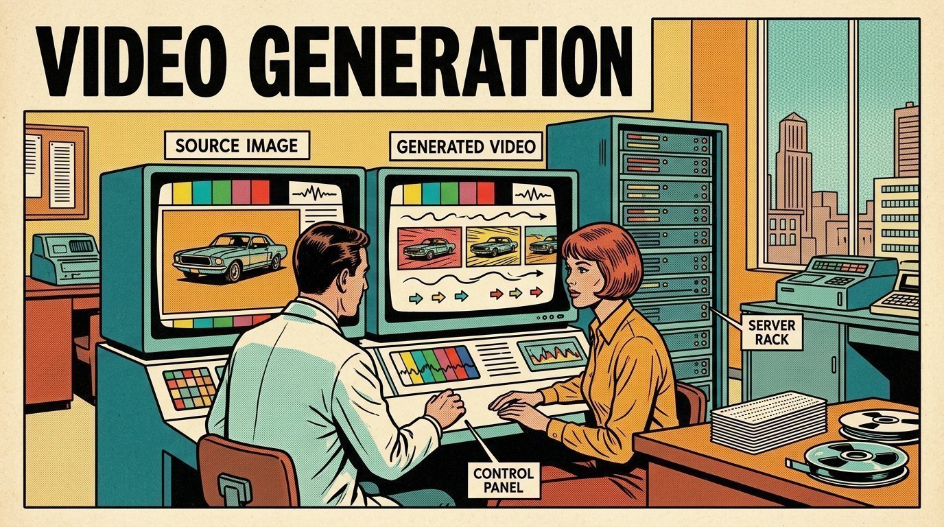 A 1960s mid-century comic book style editorial illustration showing a researcher and an editor comparing machine output against a reference, with two monitors showing a before and after comparison, a rack of servers visible in the frame.