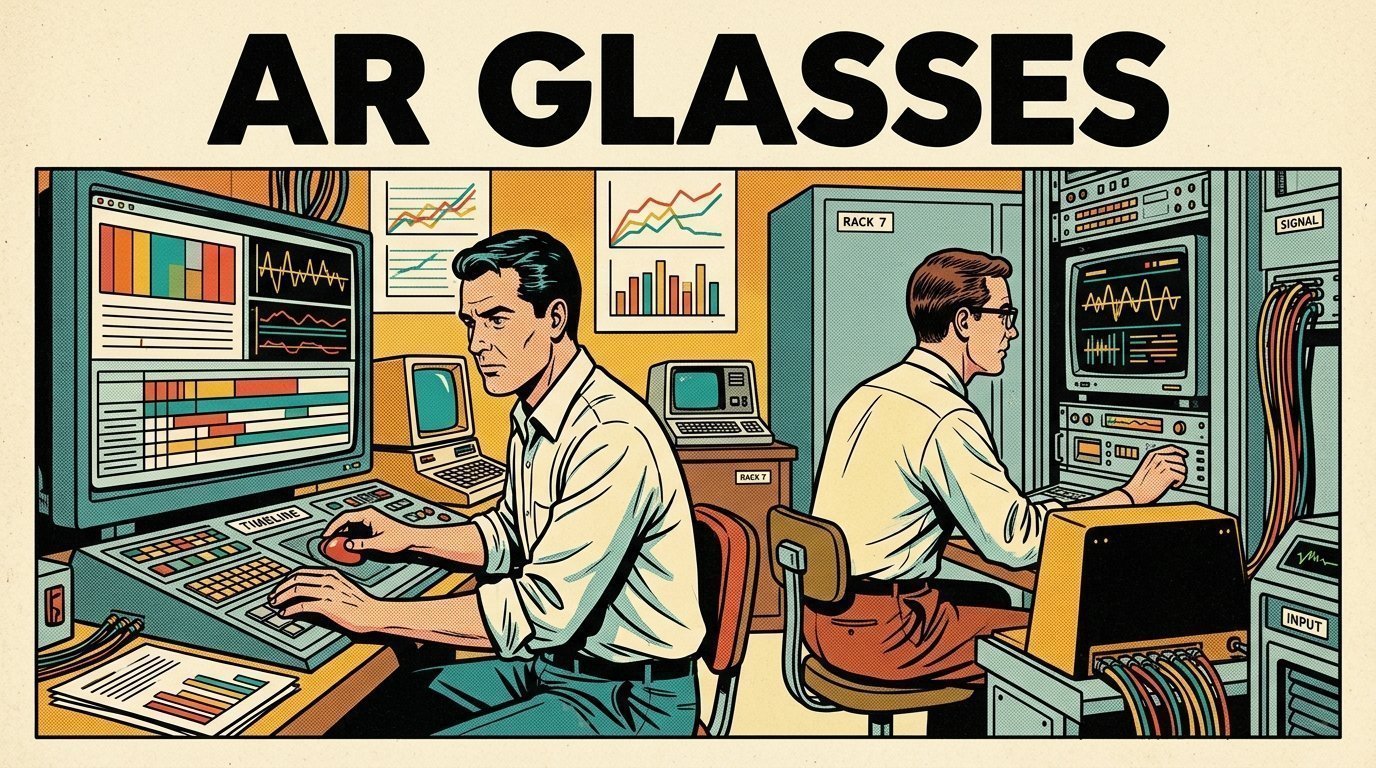 A 1960s mid-century comic book style editorial illustration showing two engineers at terminals in a machine room, with an edit timeline on a large screen visible in the frame.