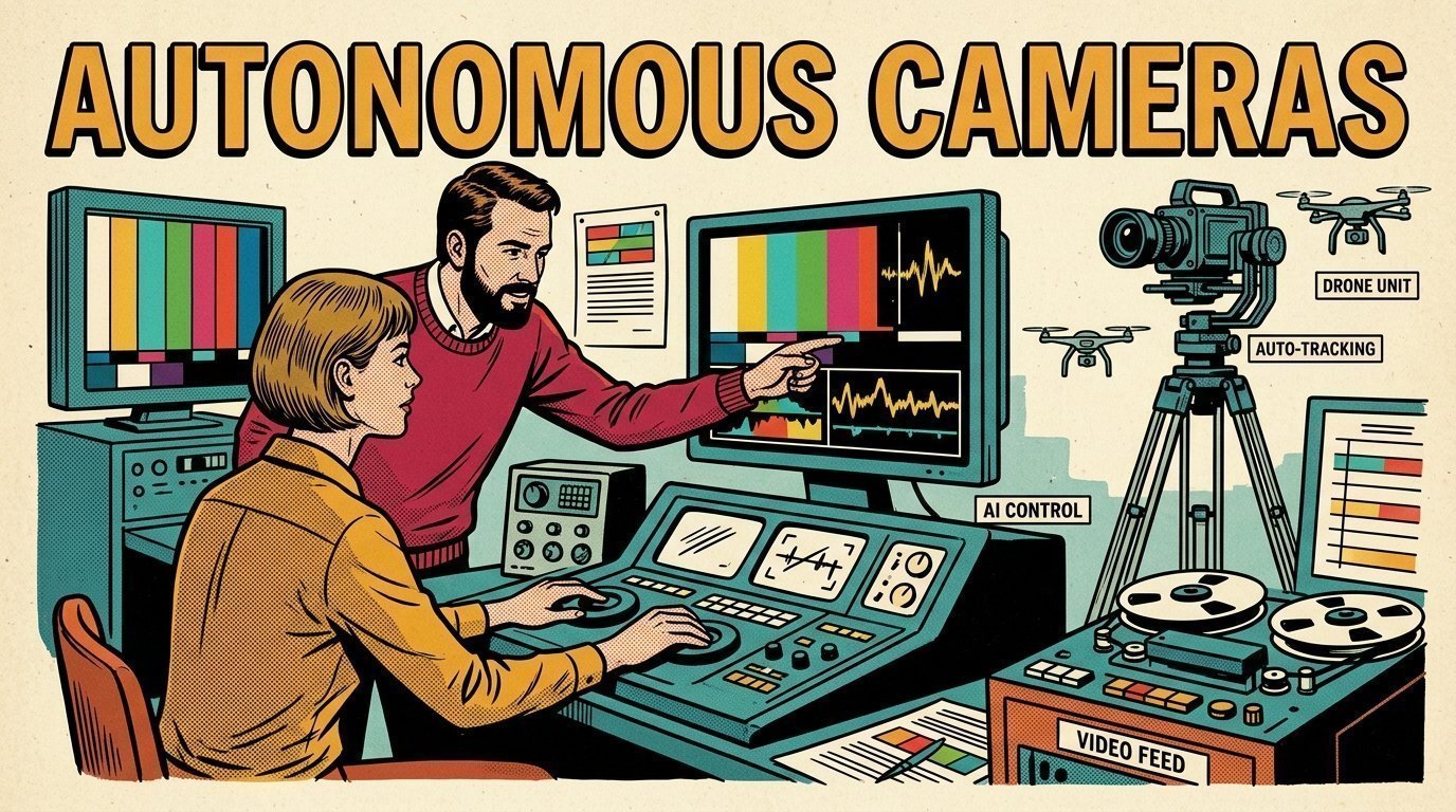 A 1960s mid-century comic book style editorial illustration showing a video editor and a director reviewing the cut together, with a camera on a tripod visible in the frame.