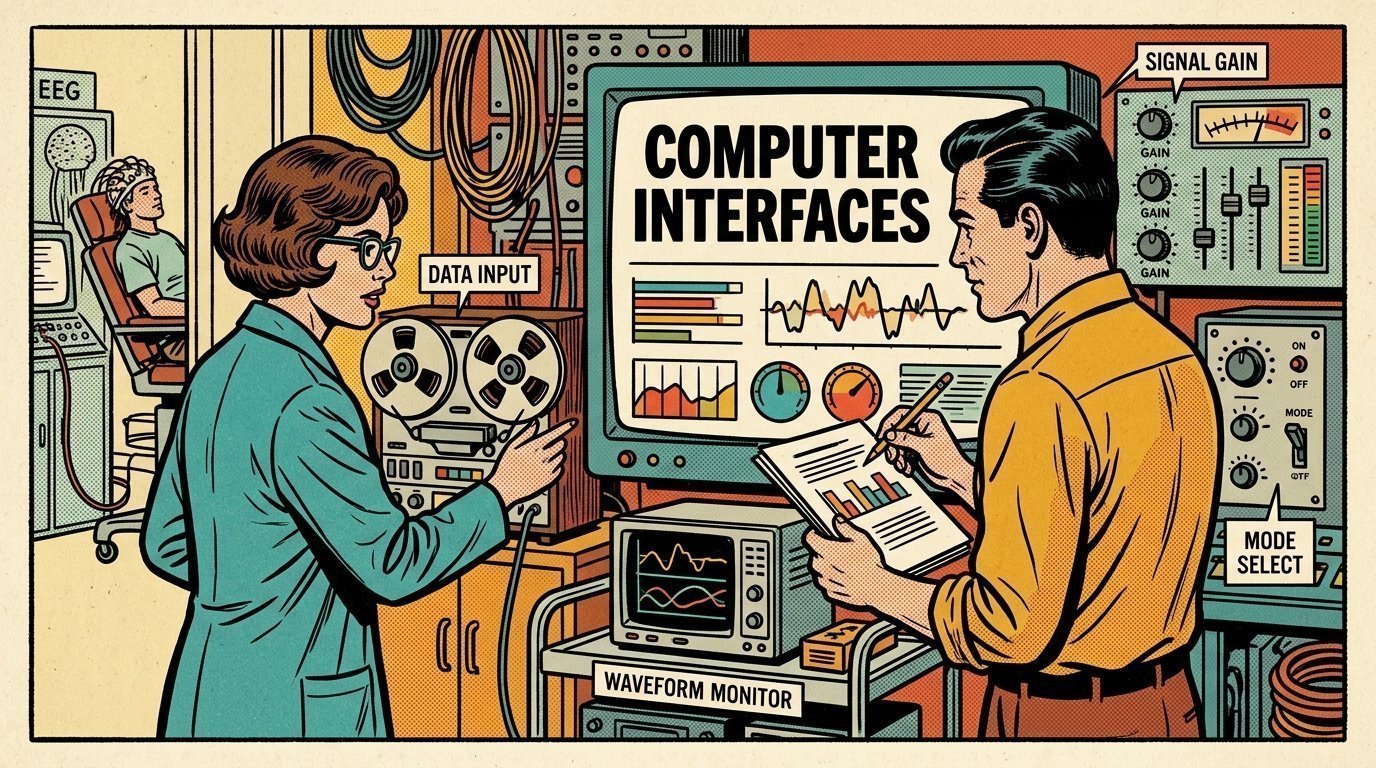 A 1960s mid-century comic book style editorial illustration showing a researcher and an editor comparing machine output against a reference, with an audio interface with gain knobs, an edit timeline on a large screen visible in the frame.