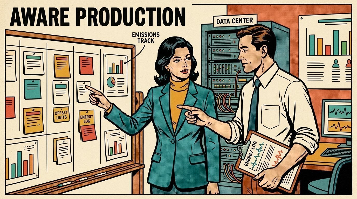 A 1960s mid-century comic book style editorial illustration showing a media operations manager and an engineer reviewing a workflow board, with a workflow board covered in cards, a rack of servers, a wall chart of figures visible in the frame.