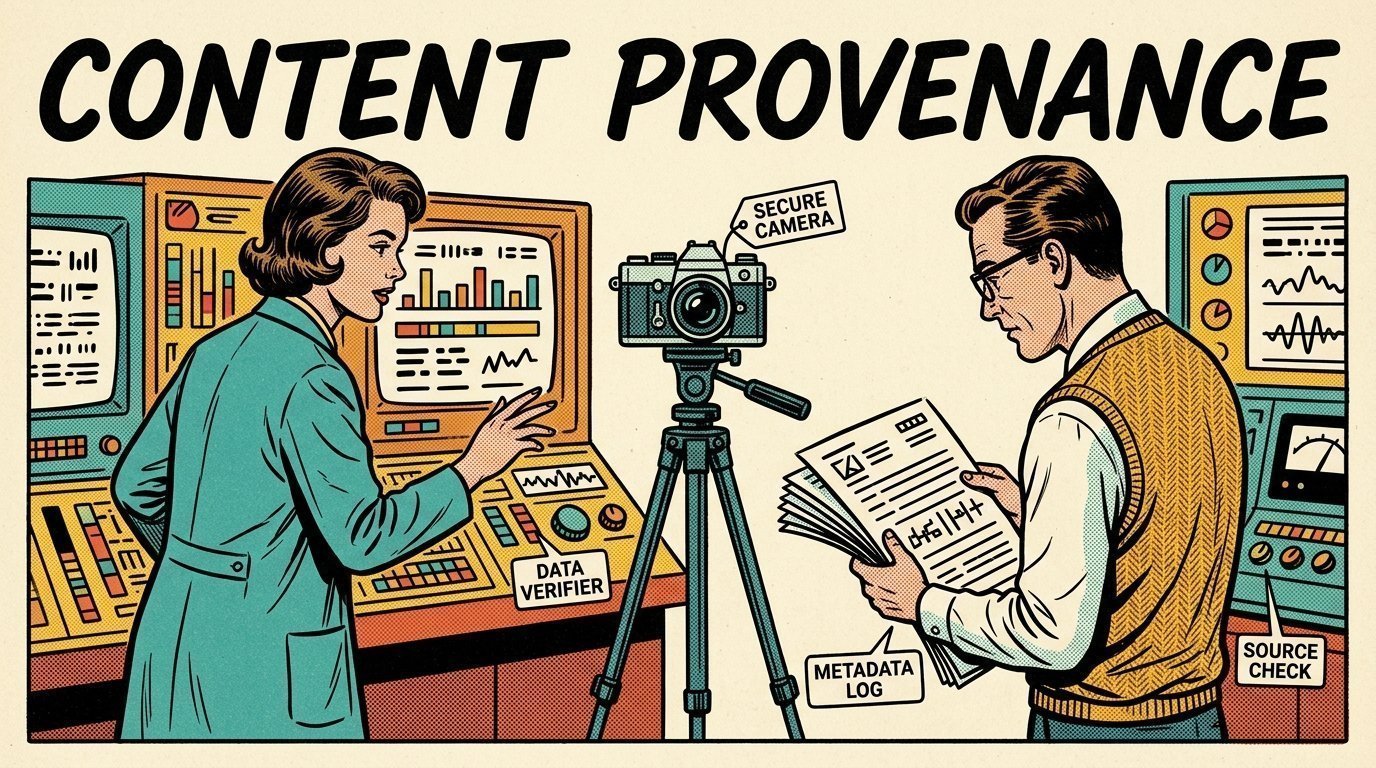 A 1960s mid-century comic book style editorial illustration showing a researcher and an editor comparing machine output against a reference, with a camera on a tripod visible in the frame.