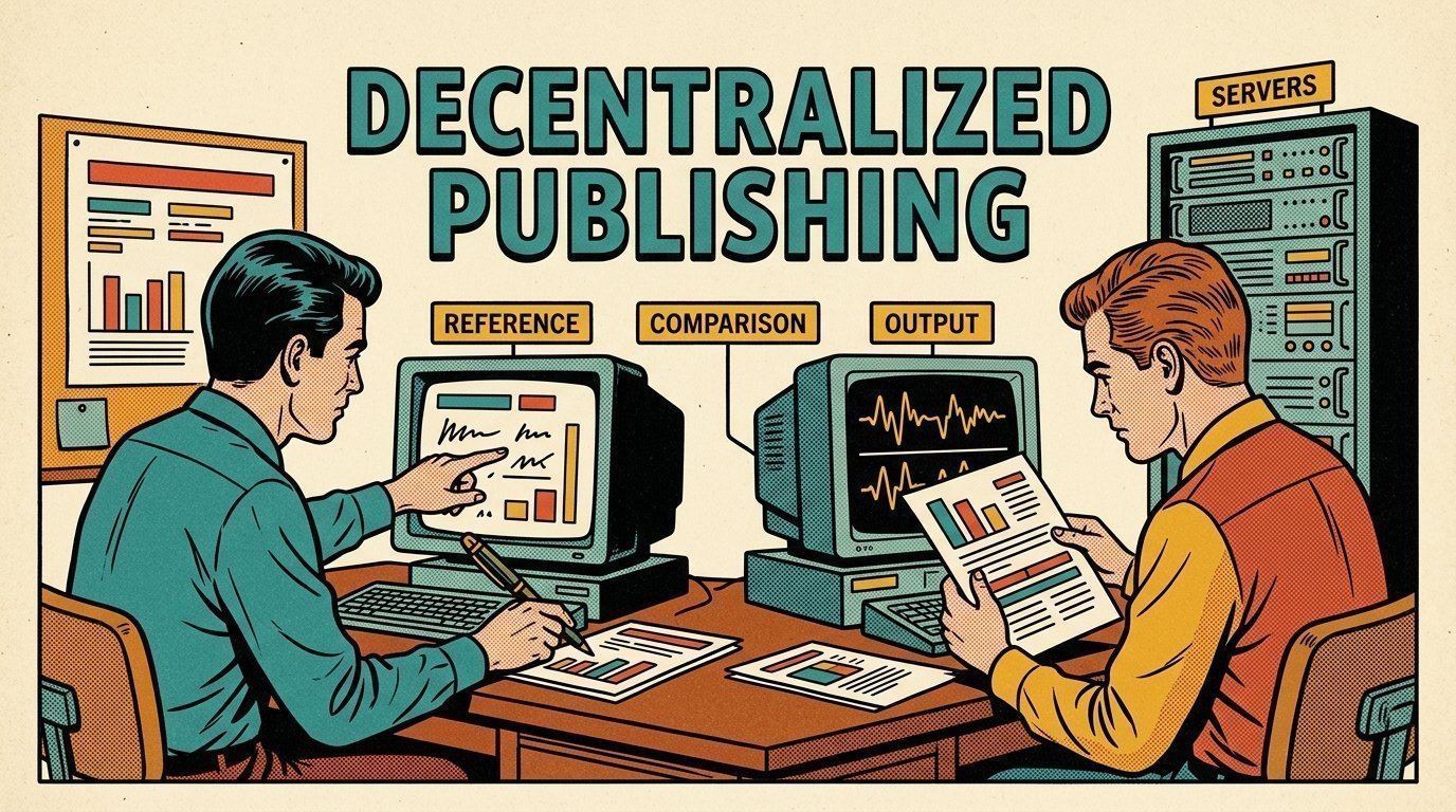 A 1960s mid-century comic book style editorial illustration showing a researcher and an editor comparing machine output against a reference, with two monitors showing a before and after comparison, a rack of servers visible in the frame.