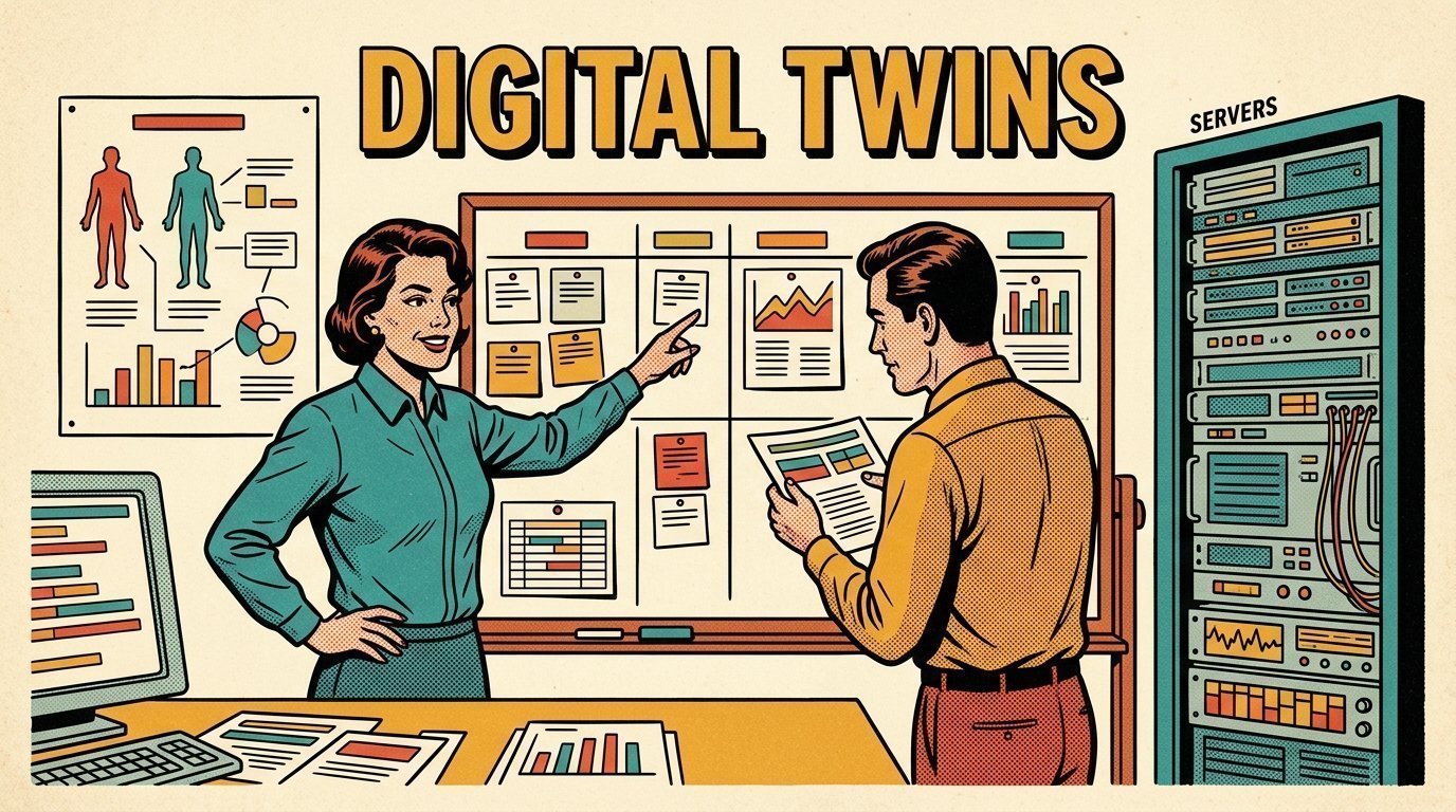 A 1960s mid-century comic book style editorial illustration showing a media operations manager and an engineer reviewing a workflow board, with a workflow board covered in cards, a rack of servers, a wall chart of figures visible in the frame.