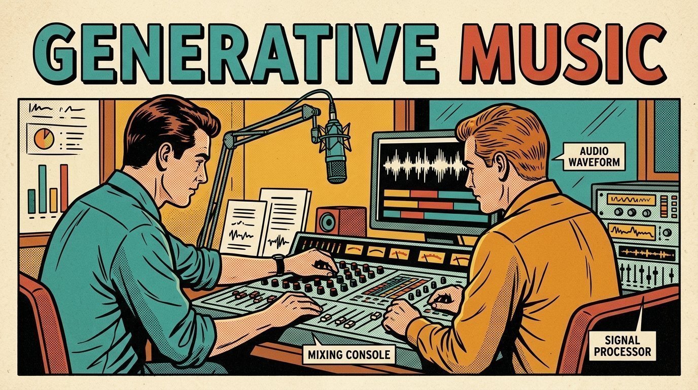 A 1960s mid-century comic book style editorial illustration showing two audio engineers at a mixing desk, with a mixing desk, a studio microphone on a boom arm, an audio waveform display visible in the frame.