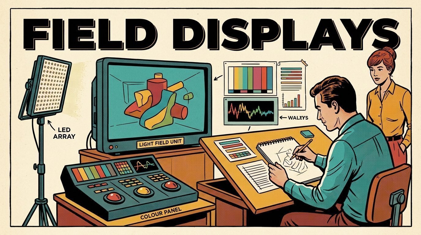 A 1960s mid-century comic book style editorial illustration showing a graphic designer at a drawing desk, with an LED panel light on a stand, a colour grading panel with trackballs visible in the frame.