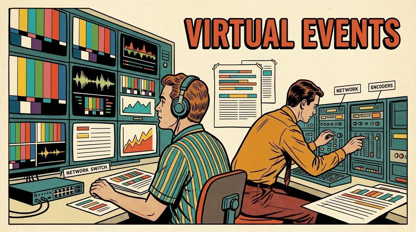 A 1960s mid-century comic book style editorial illustration showing a streaming operator watching a wall of encoders, with a bank of encoders, a wall of preview screens, a network switch visible in the frame.