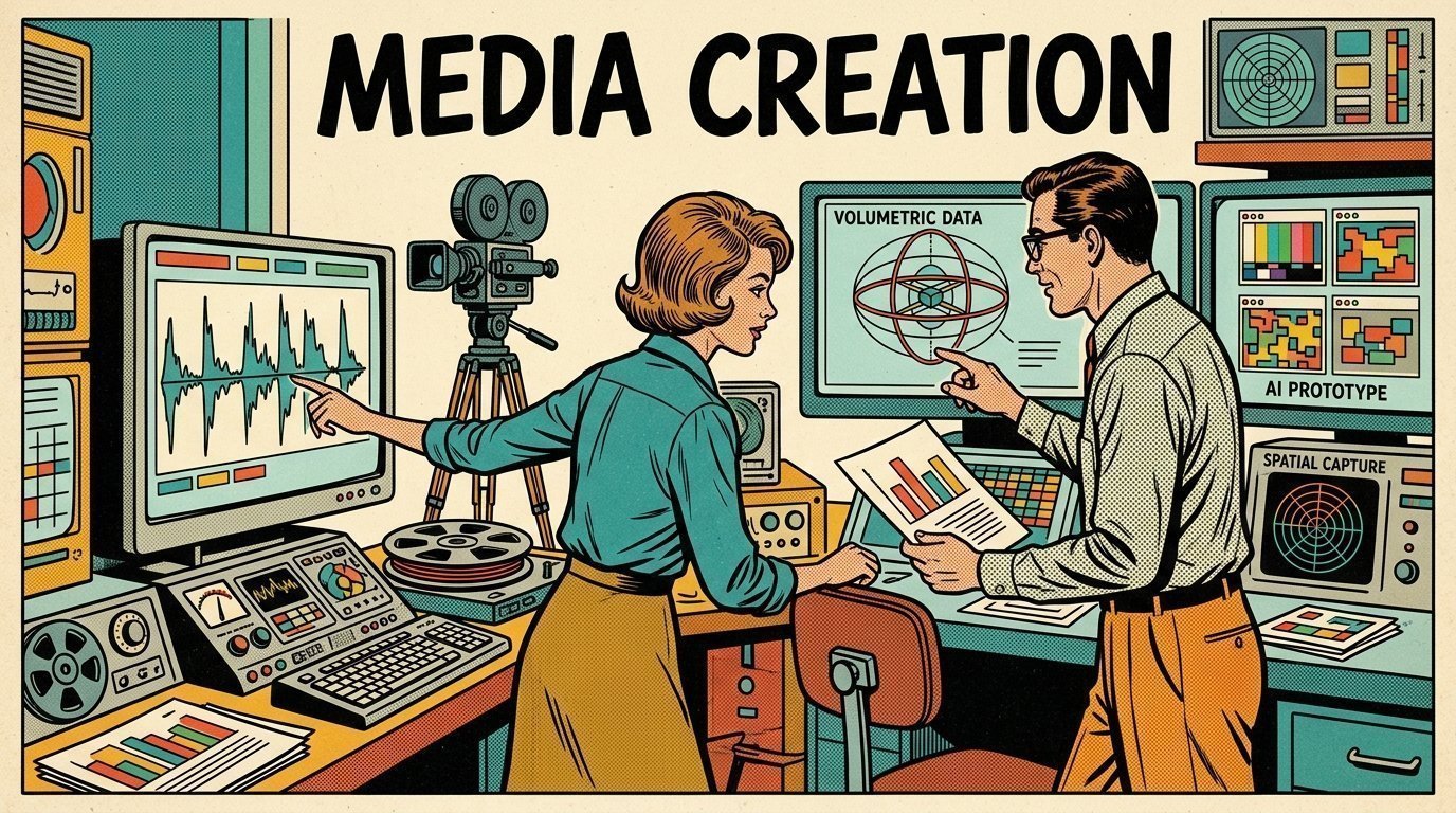 A 1960s mid-century comic book style editorial illustration showing a researcher and an editor comparing machine output against a reference, with a camera on a tripod visible in the frame.