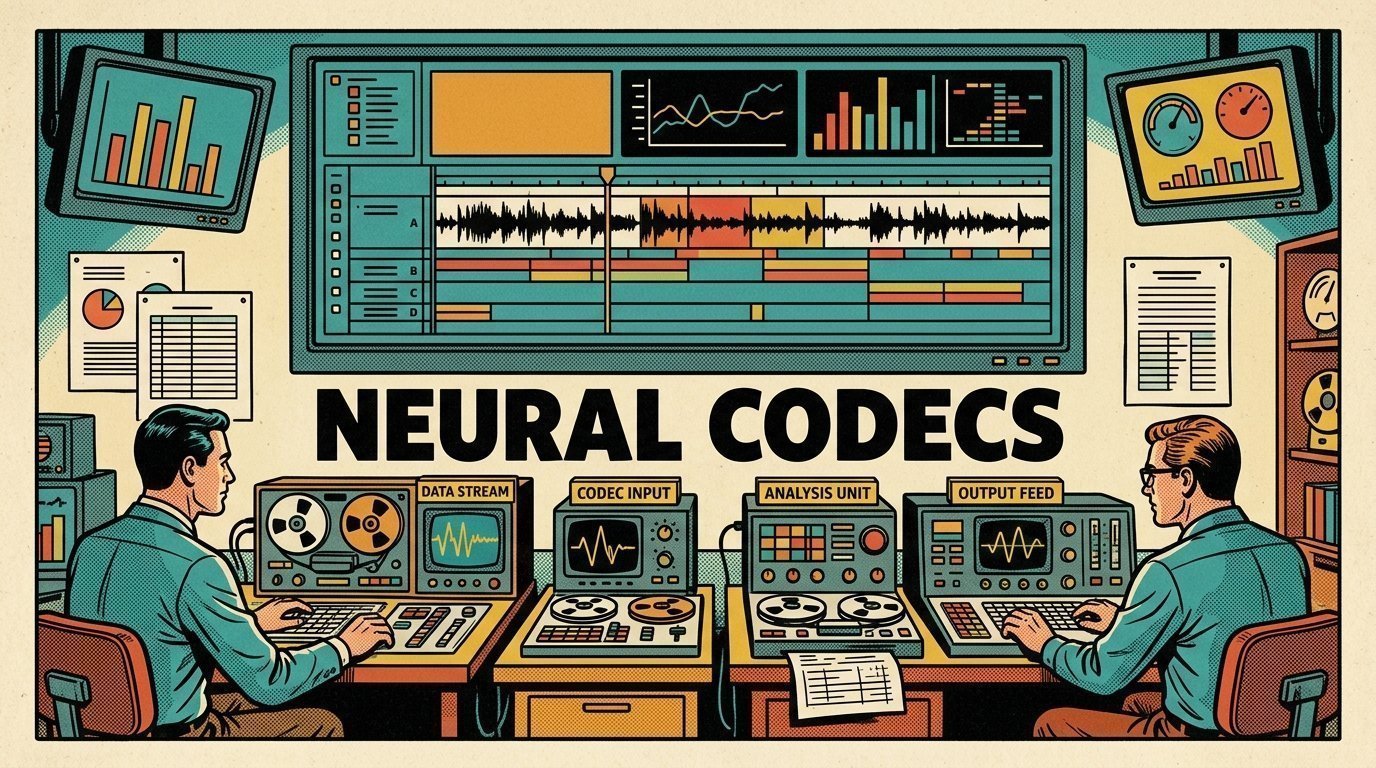A 1960s mid-century comic book style editorial illustration showing two engineers at terminals in a machine room, with an edit timeline on a large screen visible in the frame.