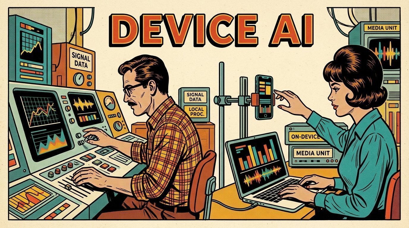 A 1960s mid-century comic book style editorial illustration showing two engineers at terminals in a machine room, with a phone clamped to a rig, an open laptop visible in the frame.